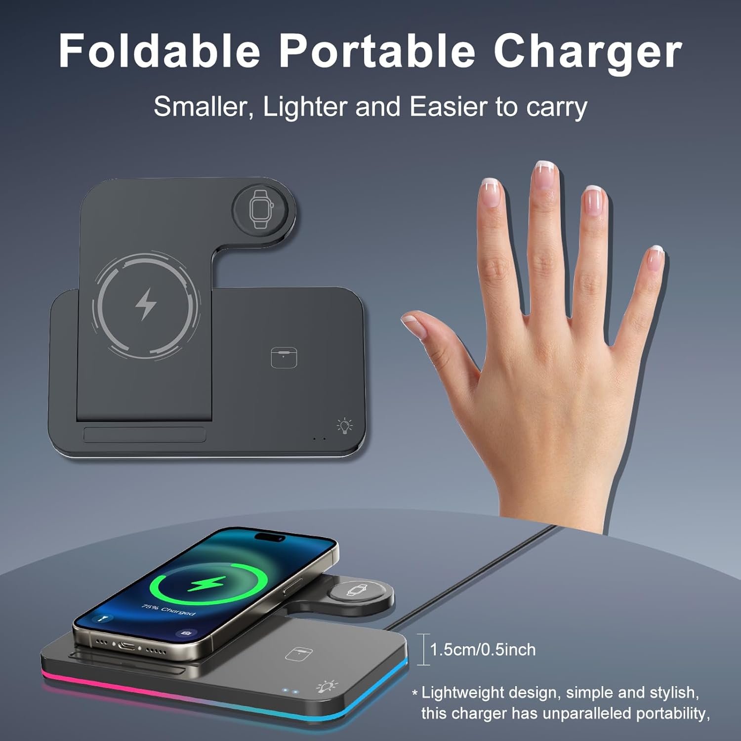 3 in 1 Charging Station Wireless Charger iPhone Fast Charger Foldable Charging Stand for Apple Multiple Devices with an 18 W Quick Charger for iPhone 16/15/14/13 Pro Max Apple Watch AriPods Pro 2 - Image 6