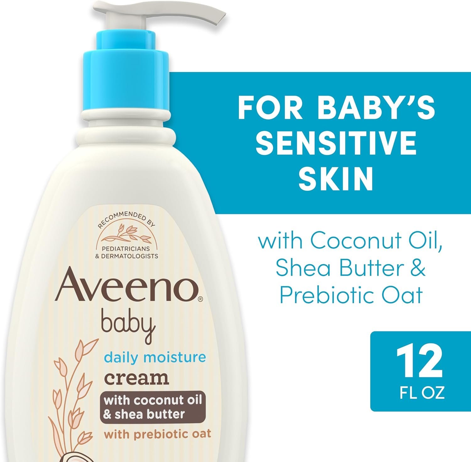 Aveeno Baby Daily Moisturizing Cream with Prebiotic Oat, Hypoallergenic Baby Lotion with Coconut Oil & Shea Butter Moisturizes Sensitive Skin for 24 Hours, Gentle Coconut Scent, 12 fl. oz - Image 3