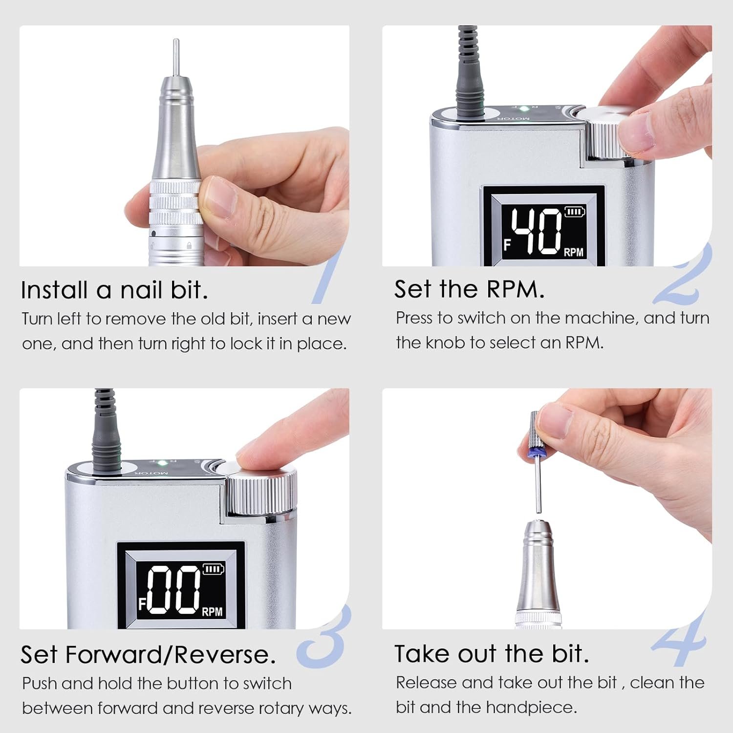 Delanie Professional Electric Nail Drill Machine 40000 RPM Rechargeable Electric Nail File E File Filer, Silver - Image 8