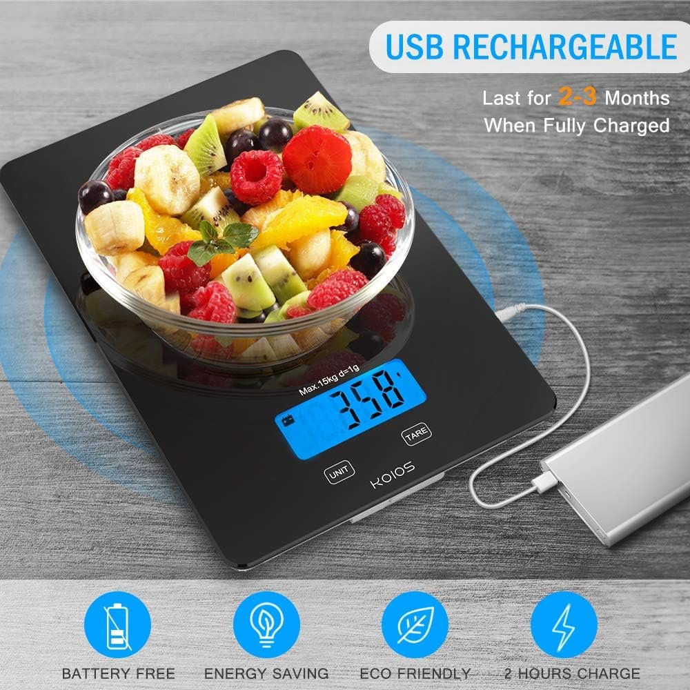 KOIOS Food Scale, 33lb/15Kg Digital Kitchen Scale for Food Ounces Grams Cooking Baking, 1g/0.1oz Precise Graduation, Waterproof Tempered Glass, USB Rechargeable, 6 Weight Units,No AAA Battery Included - Image 9