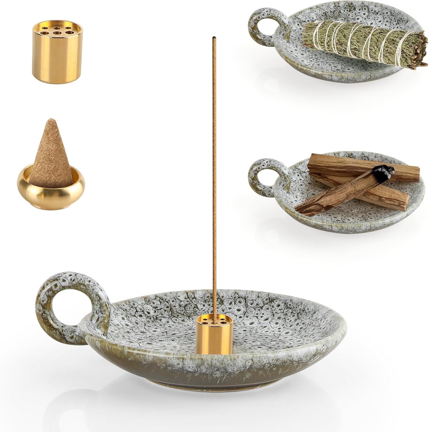 5 in 1 Ceramic Incense Holder Ash Catcher, Multi-Funtional Palo Santo Holder for Sage Sticks Cones Candle, Ideal for Meditation, Relaxing, Easy to Clean(Green - Image 2