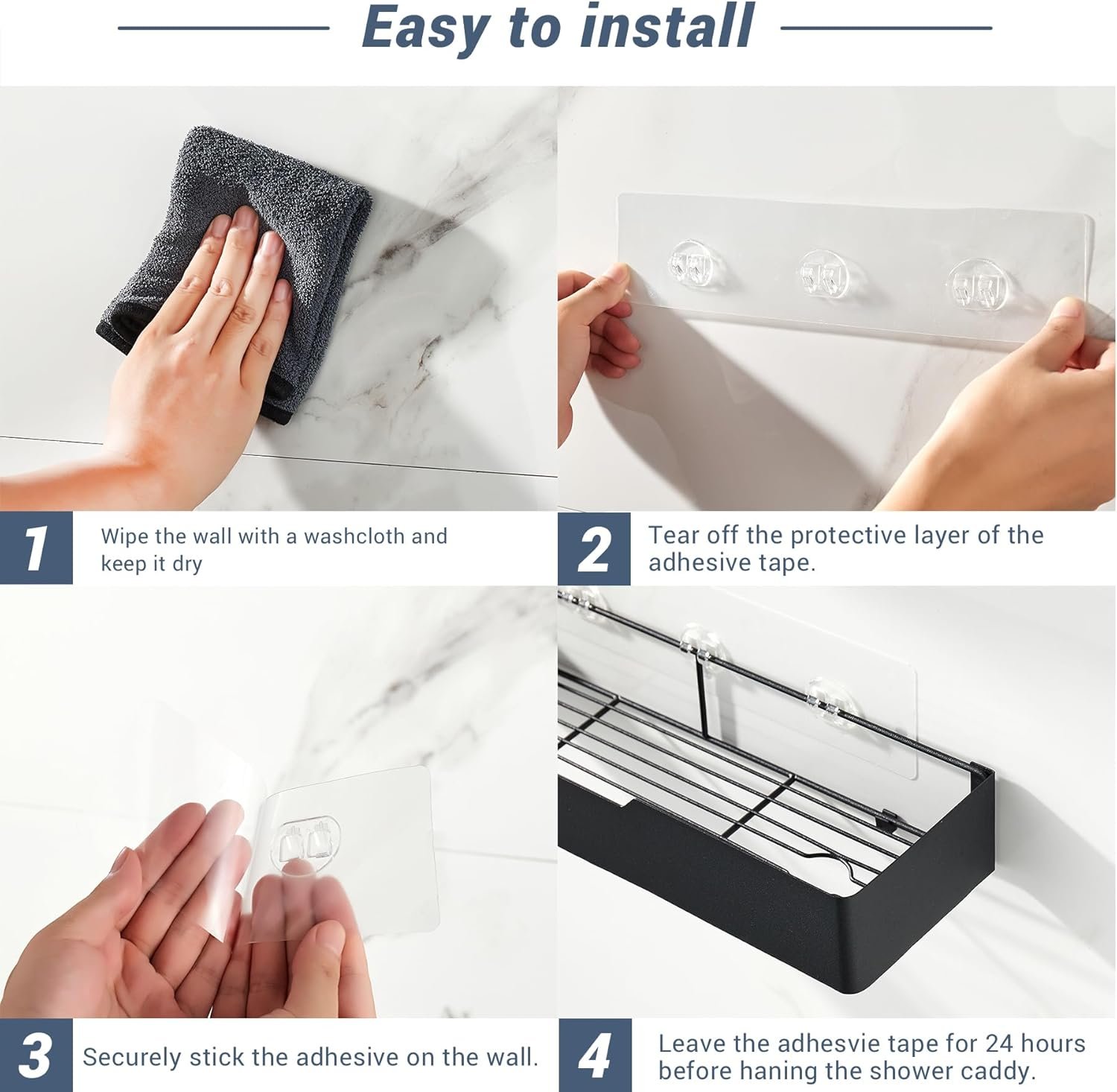 Adhesive Shower Caddy 2 PCs, Large shower shelves for inside shower, Rustproof Shower Caddy Black No Drilling Bathroom Shower Organizer, Wall Mount Shower Caddy with 4 Removable Hooks(Black) - Image 7