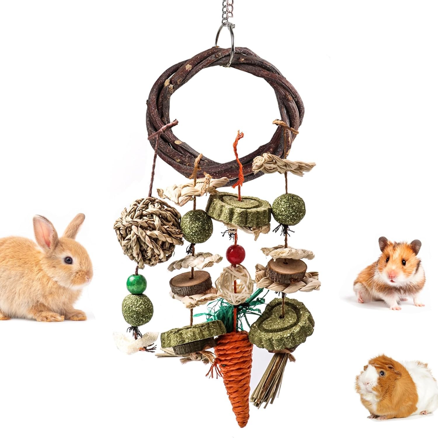 Grddaef Rabbit Chew Toy, Bunny Cage Hanging Toy Rattan Ring Treats Grinding Teeth for Rabbit Guinea Pig Chinchilla Hamster Ferret - Image 2