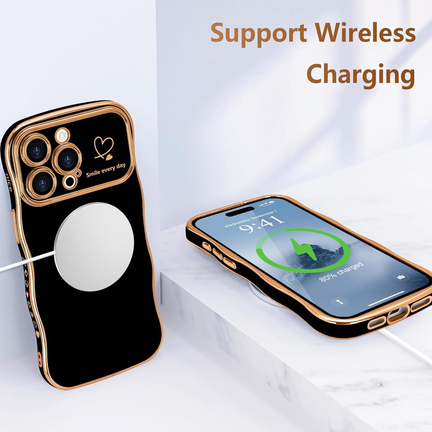 LCHULLE for iPhone 14 Pro Max Case for Women Girls, Cute Wave Frame Curly Shape with Love Heart Pattern Raised Camera Protection Cover Luxury Plating Shockproof Phone Case for iPhone 14 Pro Max, Black - Image 6