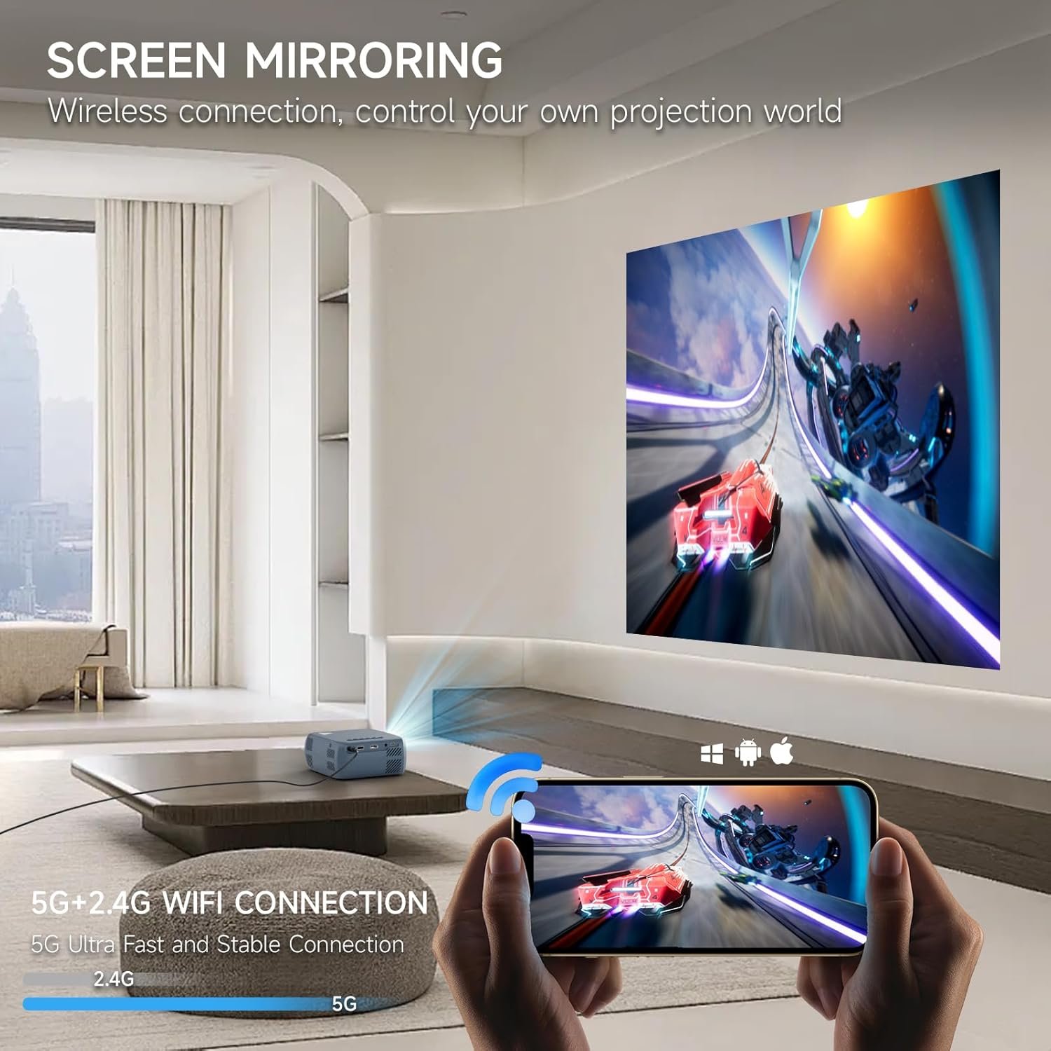 Mini Projector with Wifi Portable Projector Support 1080P 170" Mini HD Movie Projector, Outdoor Projector Compatible with Phone/ Tablet/ Laptop/ TV Stick/ PS4/ HDMI/USB - Wifi Blue - Image 7