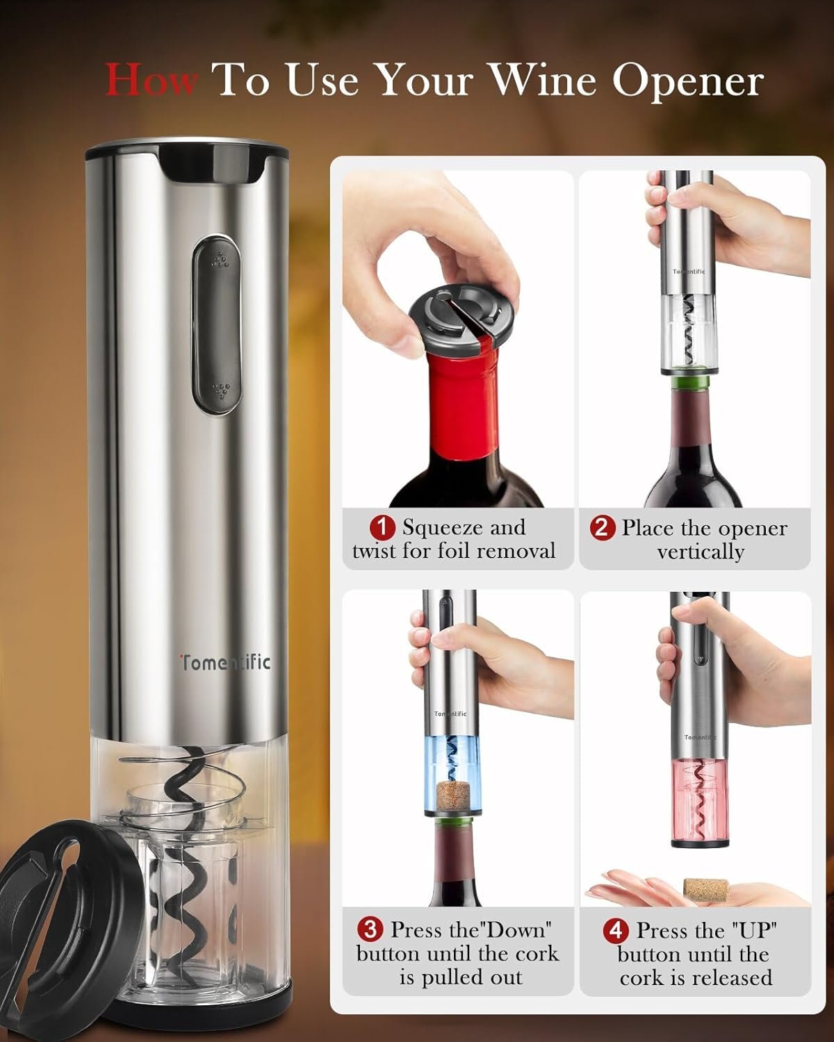 Electric Wine Opener Tomentific, Rechargeable Automatic Wine Corkscrew Bottle Opener With Foil Cutter, Type-C Charging Wine Openers With LED Light For Home Party Wedding Gifts (Stainless Steel) - Image 4