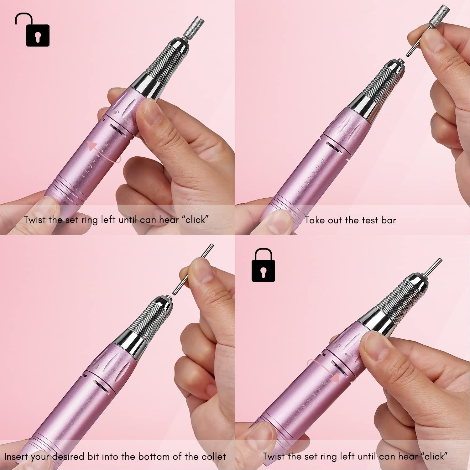Makartt Stefy Electric Nail Drill Machine, Portable Efile Kit for Acrylic Nails Professional Manicure Set with Nail Drill Bits Sanding Bands for Shaping Polishing Removing, Pink - Image 5
