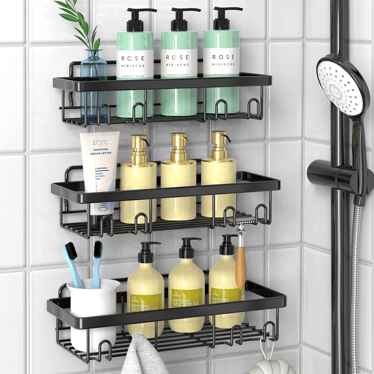 Cusbus Shower Caddy, 3 Pack Organizer, Adhesive No Drilling Traceless Shelves, Rustproof SUS304 Stainless Steel Bathroom Shelf for Inside & Kitchen Storage (Black) - Image 2
