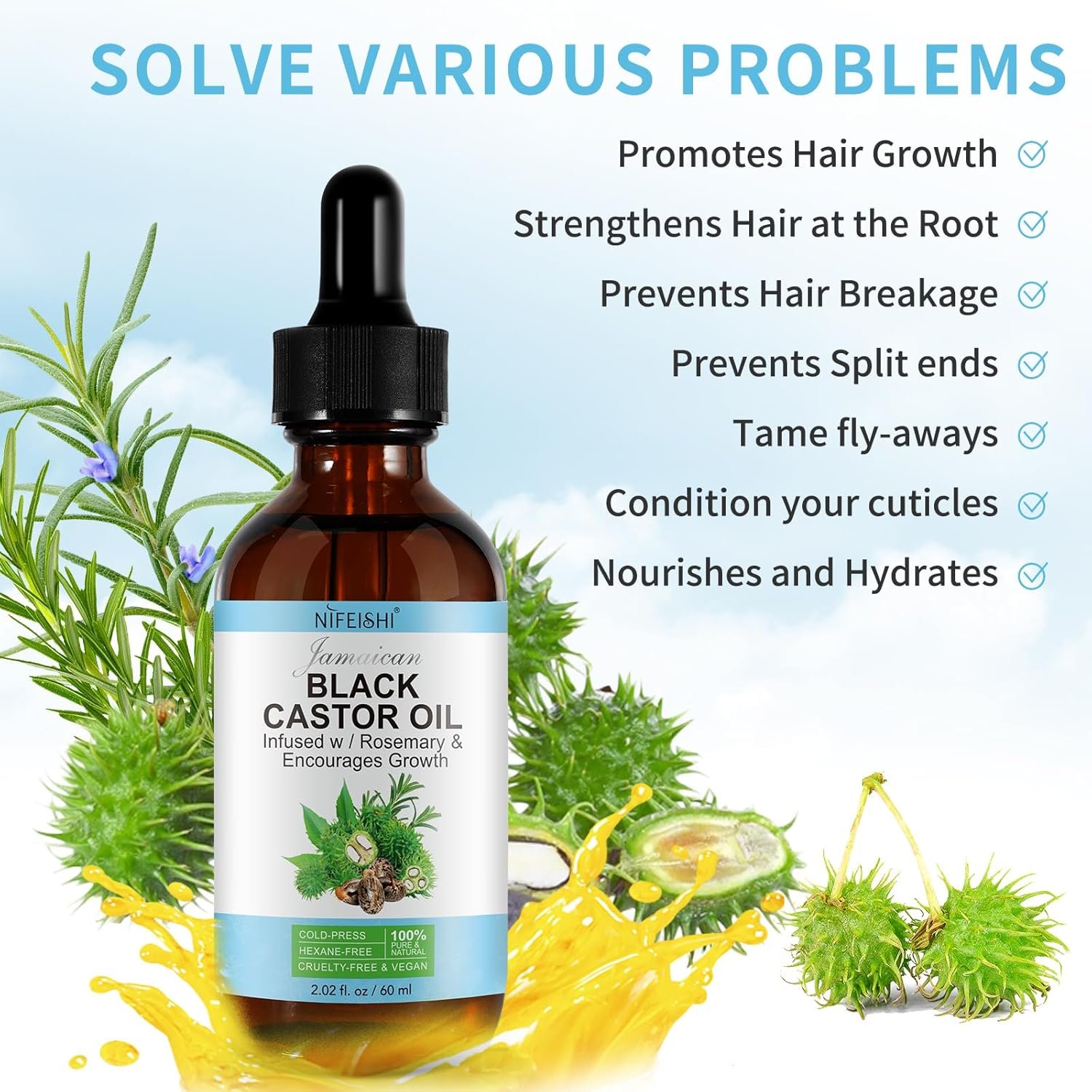 NIFEISHI Organic Castor Oil, 2pcs Pure Natural Jamaican Black Castor Oil Infused with Rosemary, Cold Pressed Glass Bottles, Boost Hair Growth for Thicker, Fuller Hair, Eyelashes & Eyebrows 2.02 fl oz - Image 4