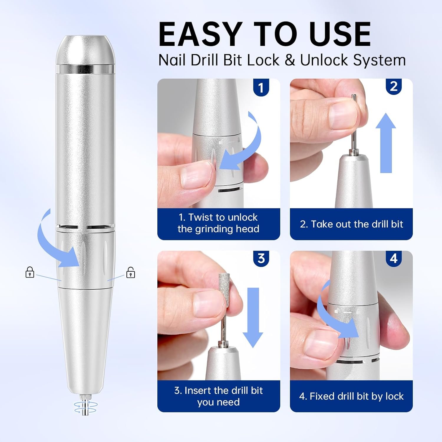 Professional Electric Nail Drill, Rechargeable Sparkly Nail Drill for Acrylic Nails, Cordless Portable Nail Drill Kit with Drill Bits and Sanding Bands for Manicure Pedicure, Diamond - Image 9