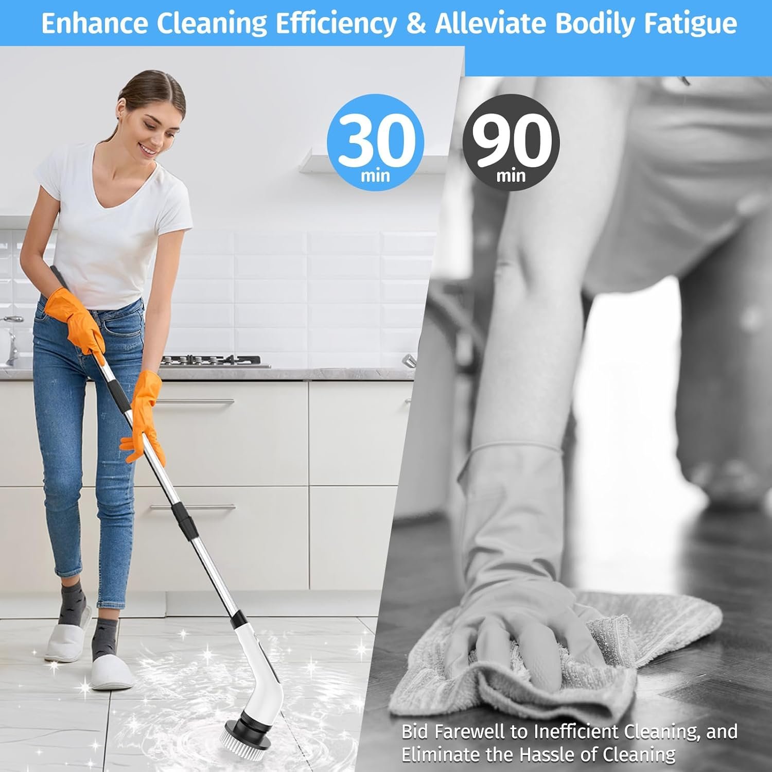 Electric Spin Scrubber, Shower Scrubber with Long Handle, Adjustable & Detachable Handle with 7 Replaceable Heads, 2 Speeds Cordless Electric Cleaning Brush for Bathroom/Tub/Floor/Tile - Image 3