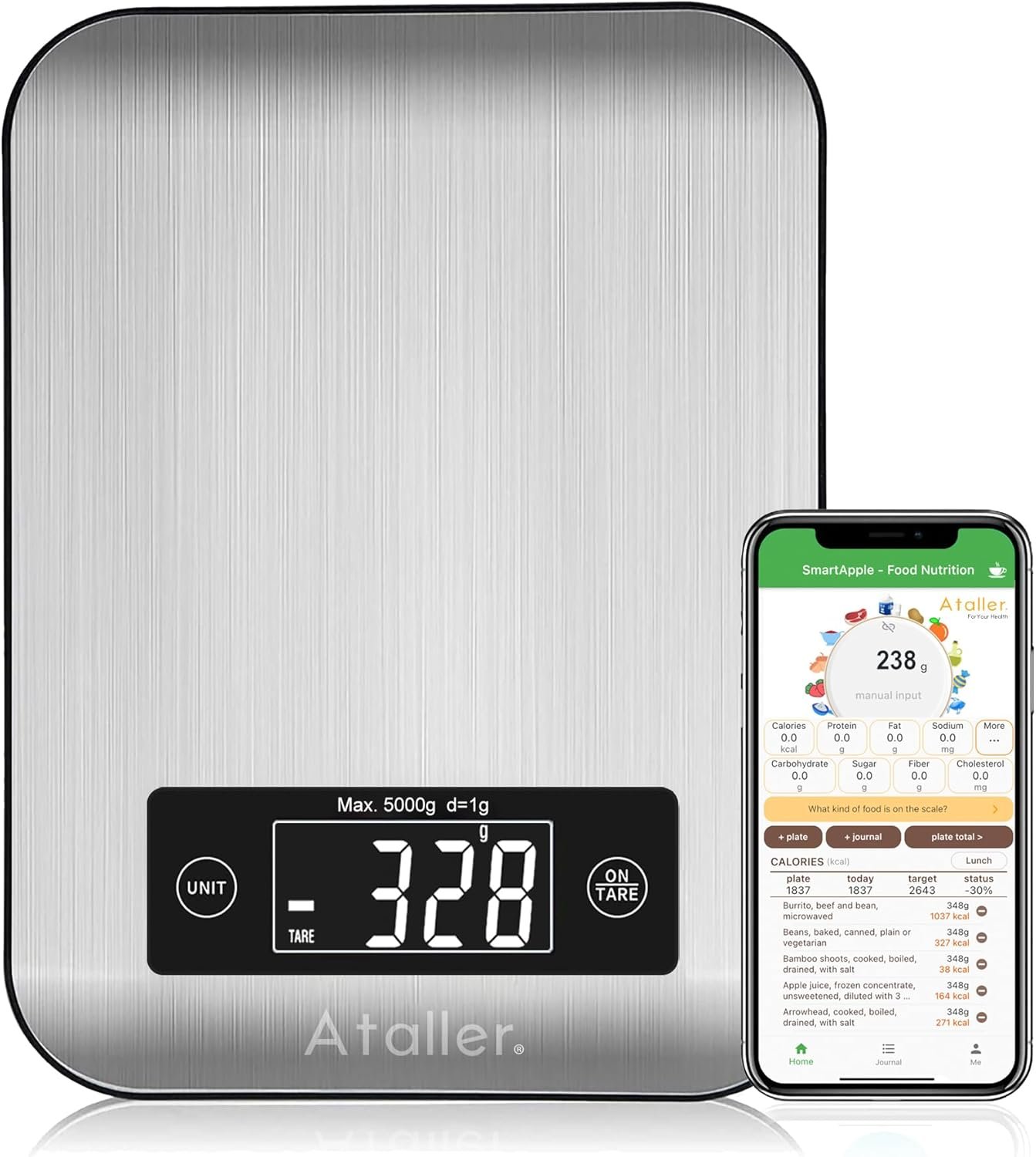 Ataller Smart Food Nutrition Scale, Digital Kitchen Scales with Smartphone App for Meal Planning, Tracking Calorie Value and Food Nutritional Counting, Resolution 1g, Max 5kg 11Ib, 304 Stainless Steel - Image 2