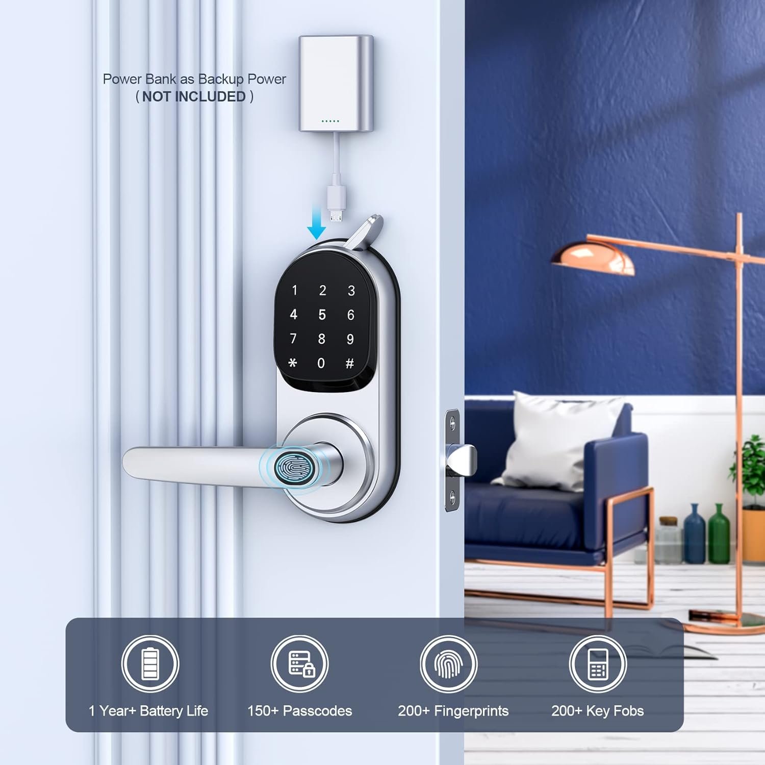 Dermum Smart Lock, Fingerprint Door Lock, Keyless Entry Door Lock, Keyless Door Lock, Smart Door Lock, Smart Lock with Handle, Keypad Door Lock, Door Lock with Keypad, Digital Door Lock (Smart Lock) - Image 3