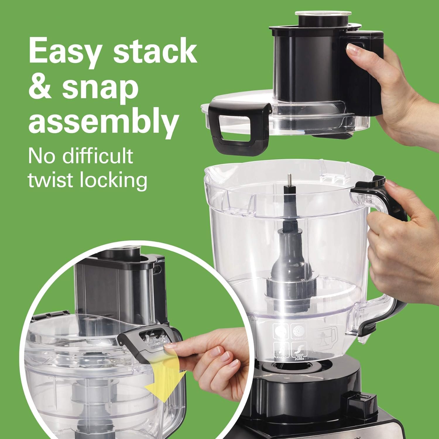 Hamilton Beach Stack & Snap Food Processor and Vegetable Chopper, BPA Free, Stainless Steel Blades, 14 Cup + 4-Cup Mini Bowls, 3-Speed 500 Watt Motor, Black (70585) - Image 4