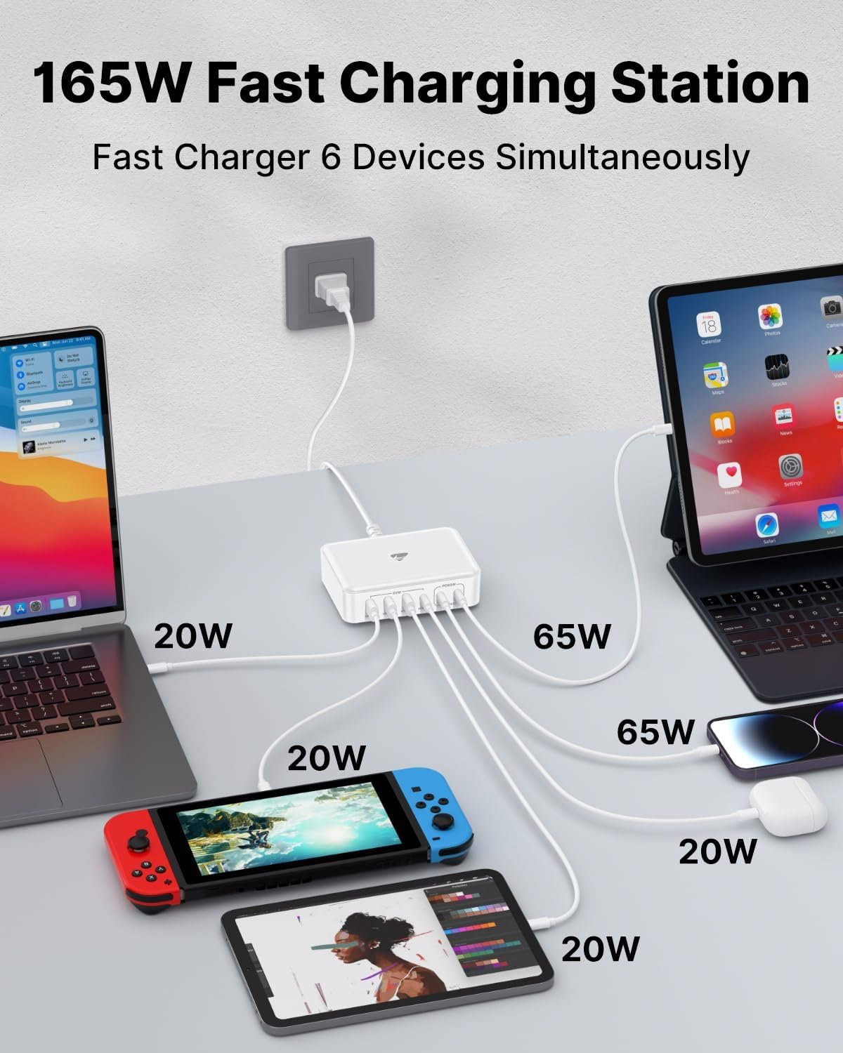 USB C Charger Block, 165W GaN 6 Port USB C Charging Station PD USB C and QC USB A Wall Charger Power Adapter Plug Cube, Fast USB C Charger for iPhone 15 14 Pro Max, MacBook Pro, iPad, Samsung S24/23 - Image 4
