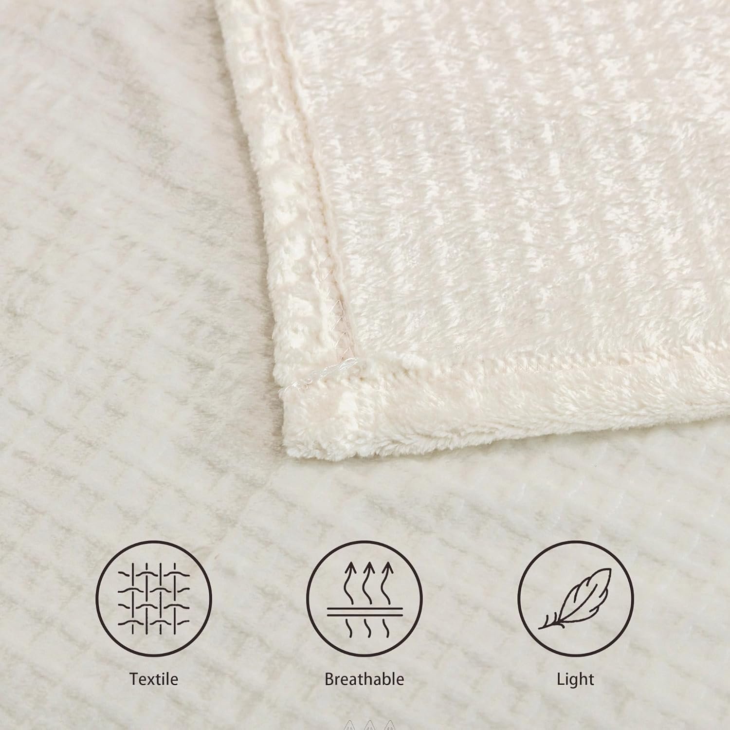 Soft Cozy 50x70 Inches Waffle Flannel Throw Blanket,3D Jacquard Grid Design Luxury,Lightweight Plush Fuzzy Summer Blanket Fleece Blanket for Couch,Bed,Sofa,Camping and Travel,Ivory White - Image 6