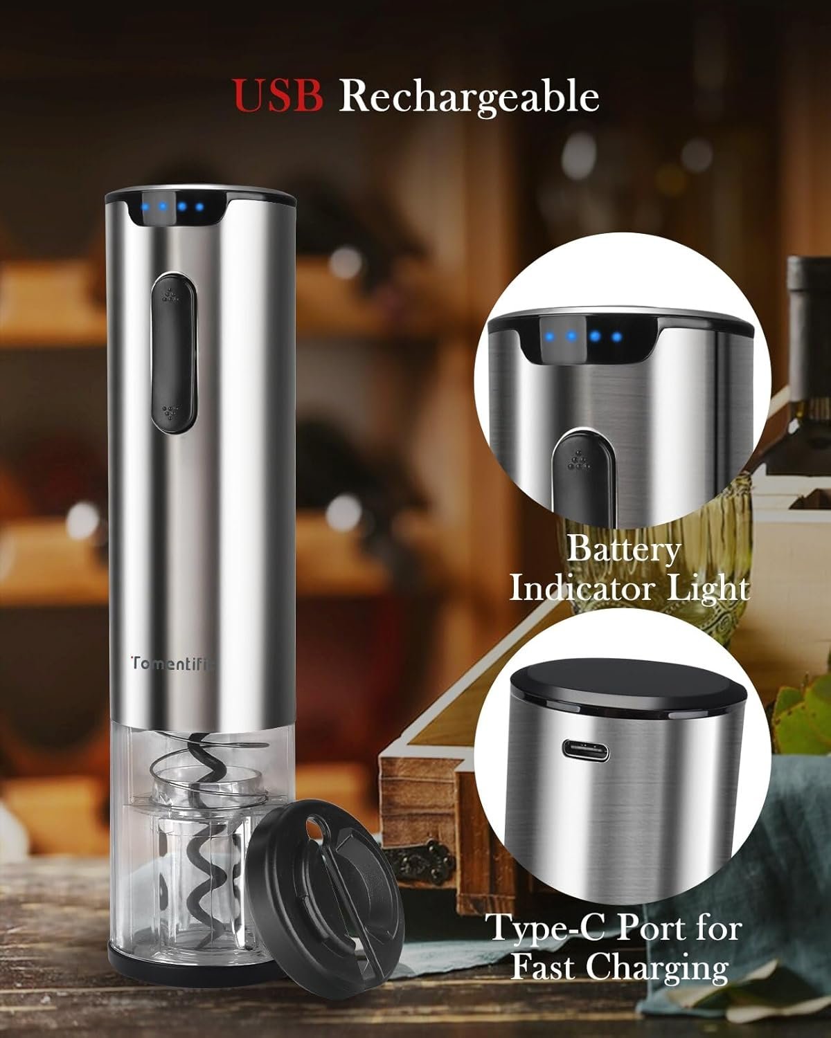 Electric Wine Opener Tomentific, Rechargeable Automatic Wine Corkscrew Bottle Opener With Foil Cutter, Type-C Charging Wine Openers With LED Light For Home Party Wedding Gifts (Stainless Steel) - Image 5