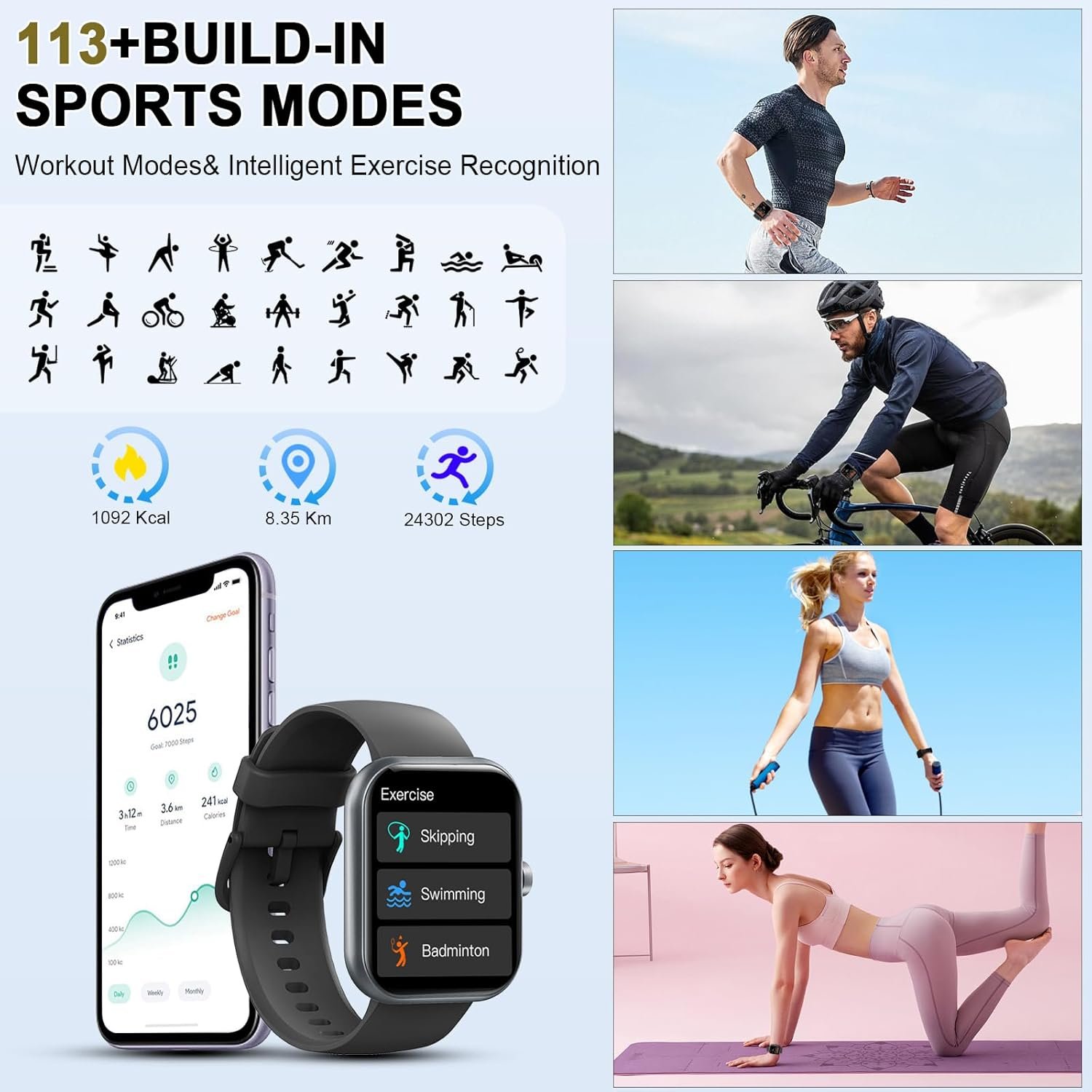 Smart Watch (Answer/Make Calls), 1.96" HD Screen SmartWatch for Men Women 113+ Sport Modes, Fitness Activity Tracker Heart Rate/Sleep Monitor/Pedometer, IP68 Waterproof, Smart Watches for Android iOS - Image 6
