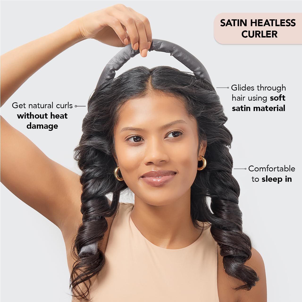 Kitsch Satin Heatless Curling Set - Heatless Hair Curler To Sleep In, Heat Free Curls Overnight for Frizz-Free, Soft Curls - For All Hair Types - Includes Satin Curling Rod & 2 Scrunchies - Charcoal - Image 4