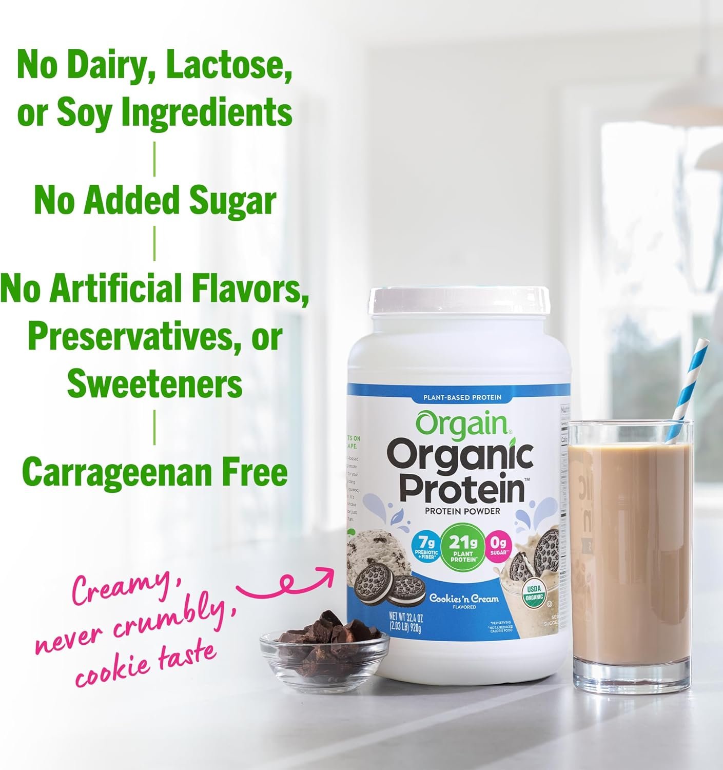 Orgain Organic Vegan Protein Powder, Cookies & Cream - 21g Plant Based Protein, 7g Prebiotic Fiber, Low Net Carb, No Lactose Ingredients, No Added Sugar, Non-GMO, For Shakes & Smoothies, 2.03 lb - Image 6
