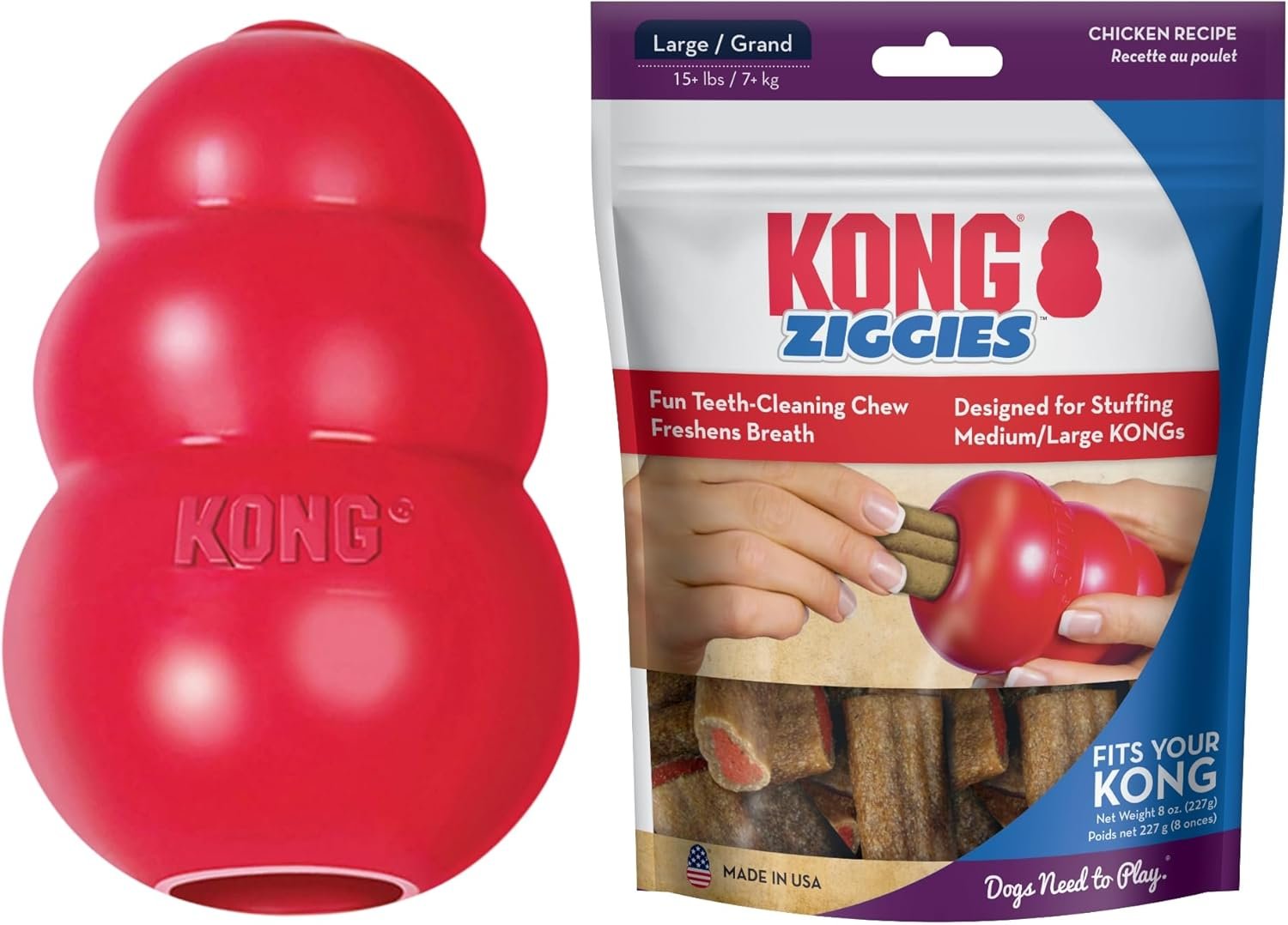 KONG Classic Toy & Ziggies Treats Combo Pack - Durable Chew Toy for Dogs - with Ziggies Chicken-Flavored Treats - Dog Accessories for Fun & Health - for Large Dogs - Image 2