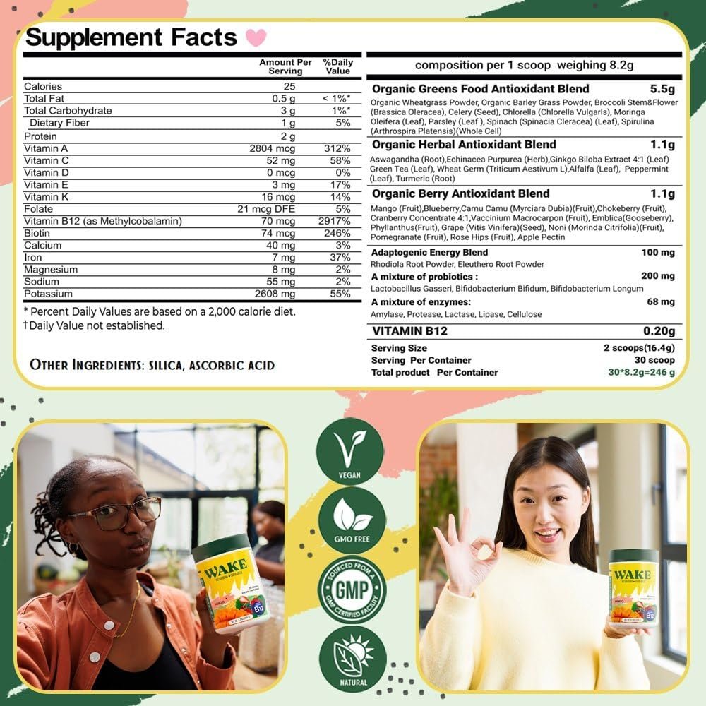 Wake Antioxidant Super Greens, Best Natural Powder Superfood, Spirulina & Chlorella, Vitamin B12, Non-GMO Vegan Drink, Juice & Smoothie Blend, Enzymes, Probiotics, Acai Berry & Camu Camu - Image 8