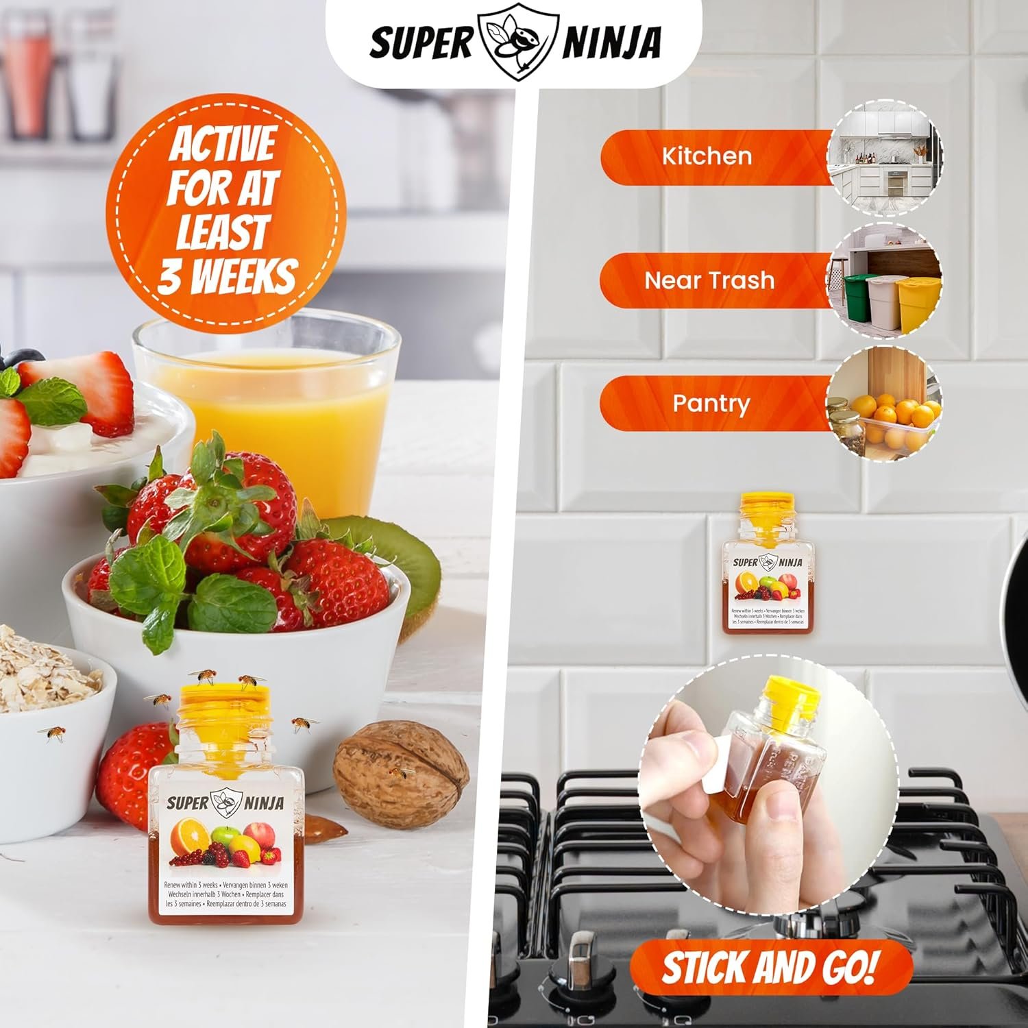 Super Ninja Fruit Fly Traps for Indoors - 4 Traps - Highly Effective Eco-Friendly Fruit Fly Catcher for Indoors - Pet and Child Safe - Up to 3 Weeks per Bottle - Image 6