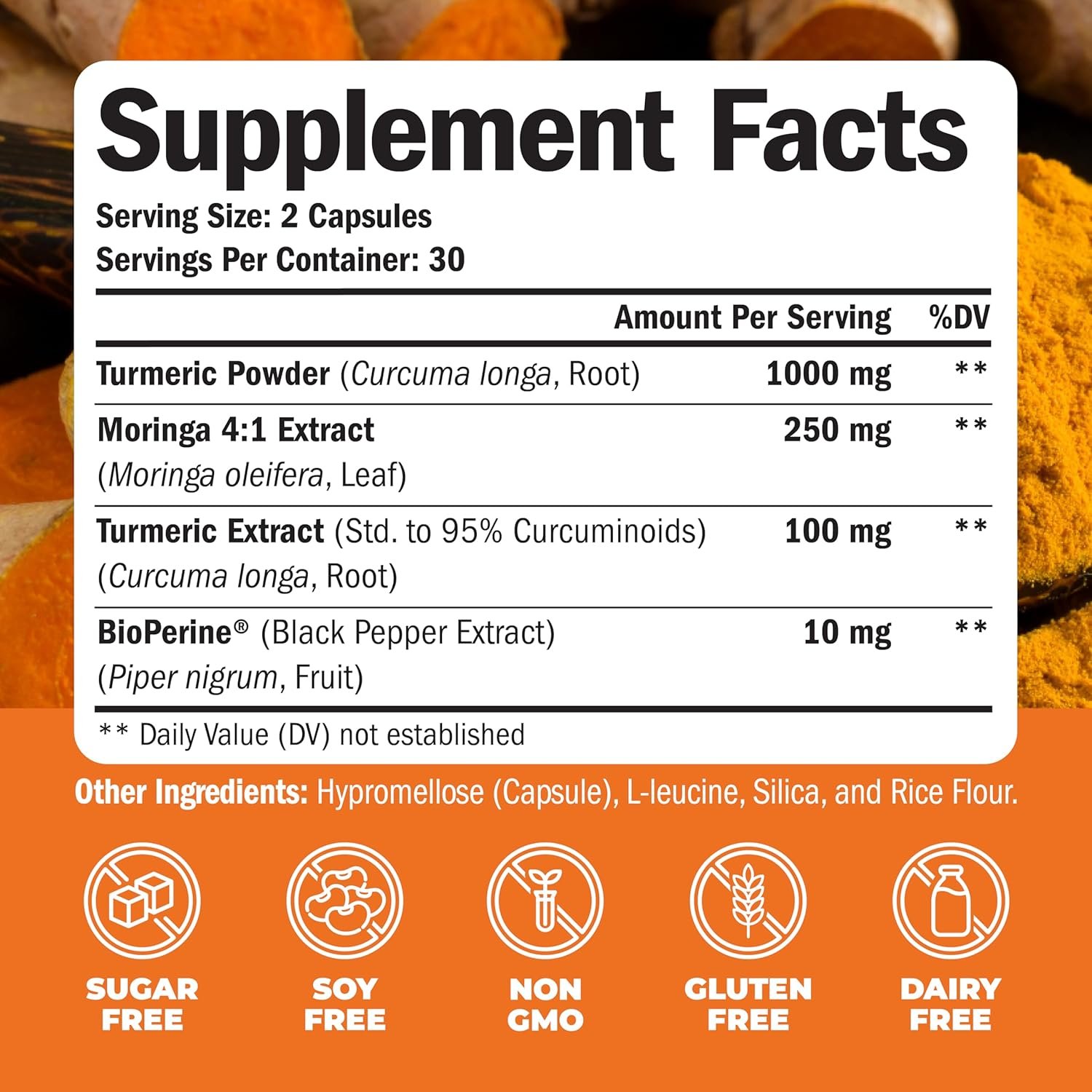 Turmeric Curcumin & Moringa Leaves Extract with Black Pepper. Joint Support Supplement with Tumeric (95% Curcuminoids), Bioperine & Moringa Oleifera Leaf for Joints, Digestion & Energy. 60 Capsules - Image 4