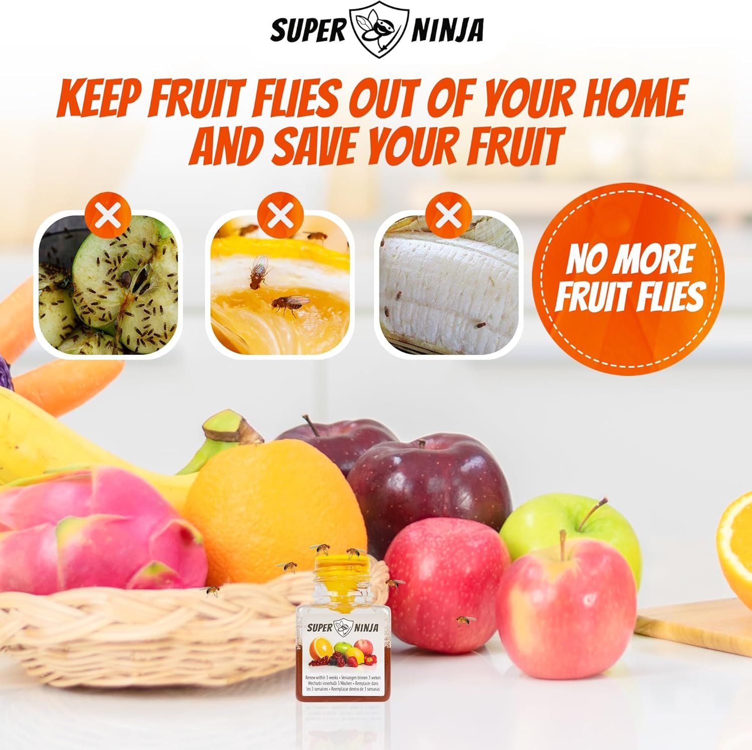 Super Ninja Fruit Fly Traps for Indoors - 4 Traps - Highly Effective Eco-Friendly Fruit Fly Catcher for Indoors - Pet and Child Safe - Up to 3 Weeks per Bottle - Image 8