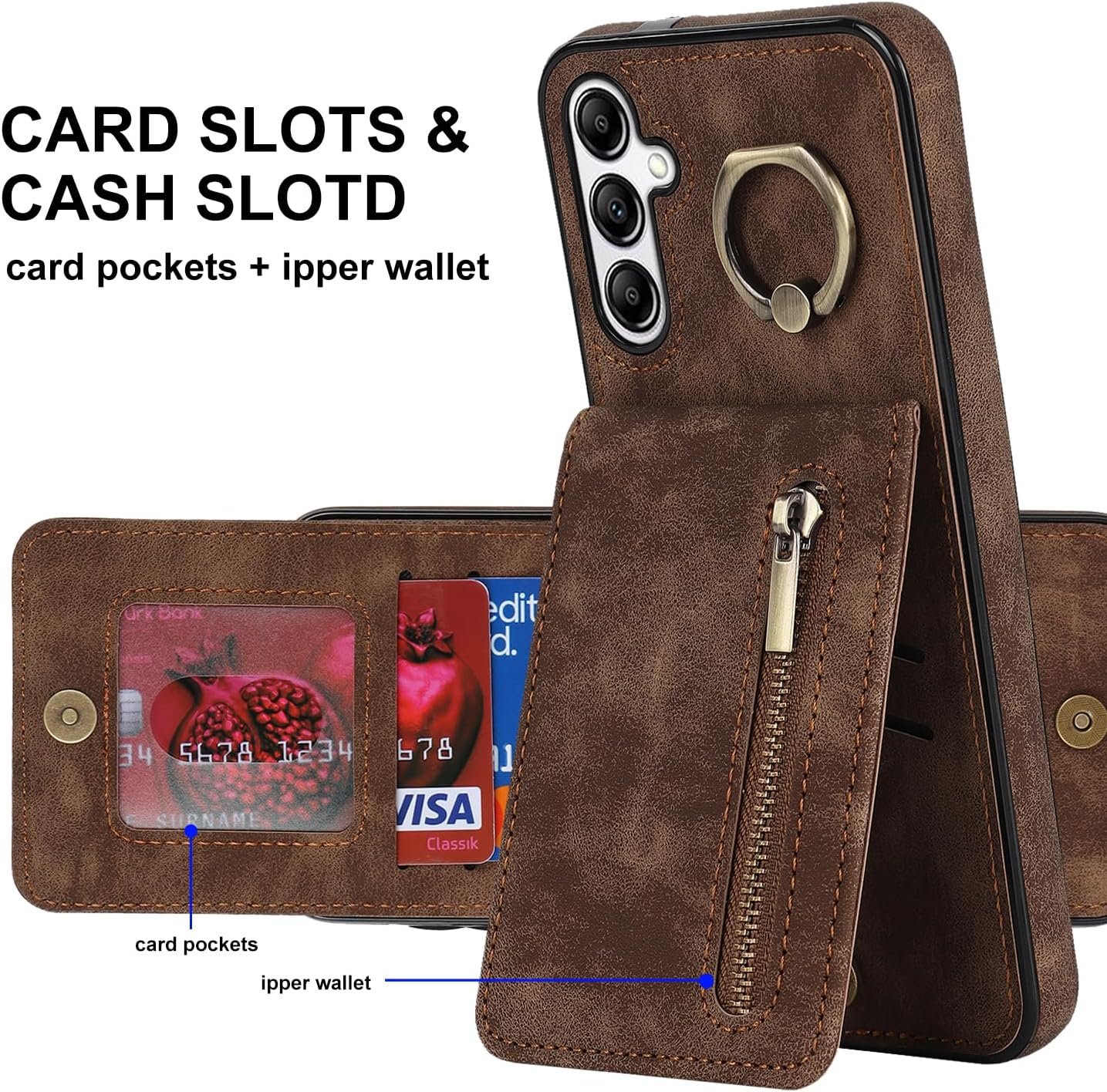 Asuwish Phone Case for Samsung Galaxy A14 5G Wallet Cover with Tempered Glass Screen Protector and Cell Accessories Zipper RFID Card Holder Slot Ring Kickstand A 14 4G 14A G5 A145G SM Women Men Brown - Image 6