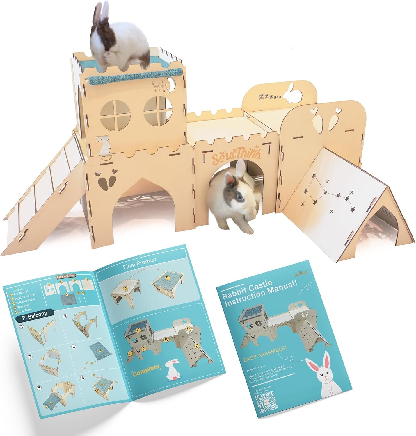 Soulthink® Extra Large Rabbit Hideout and Castle - Easy to Assemble Wooden Rabbit Houses and Hideouts with Ramps and Tunnels Bunny Castle and Rabbit House for Rabbits to Hide and Play Indoor - Image 2
