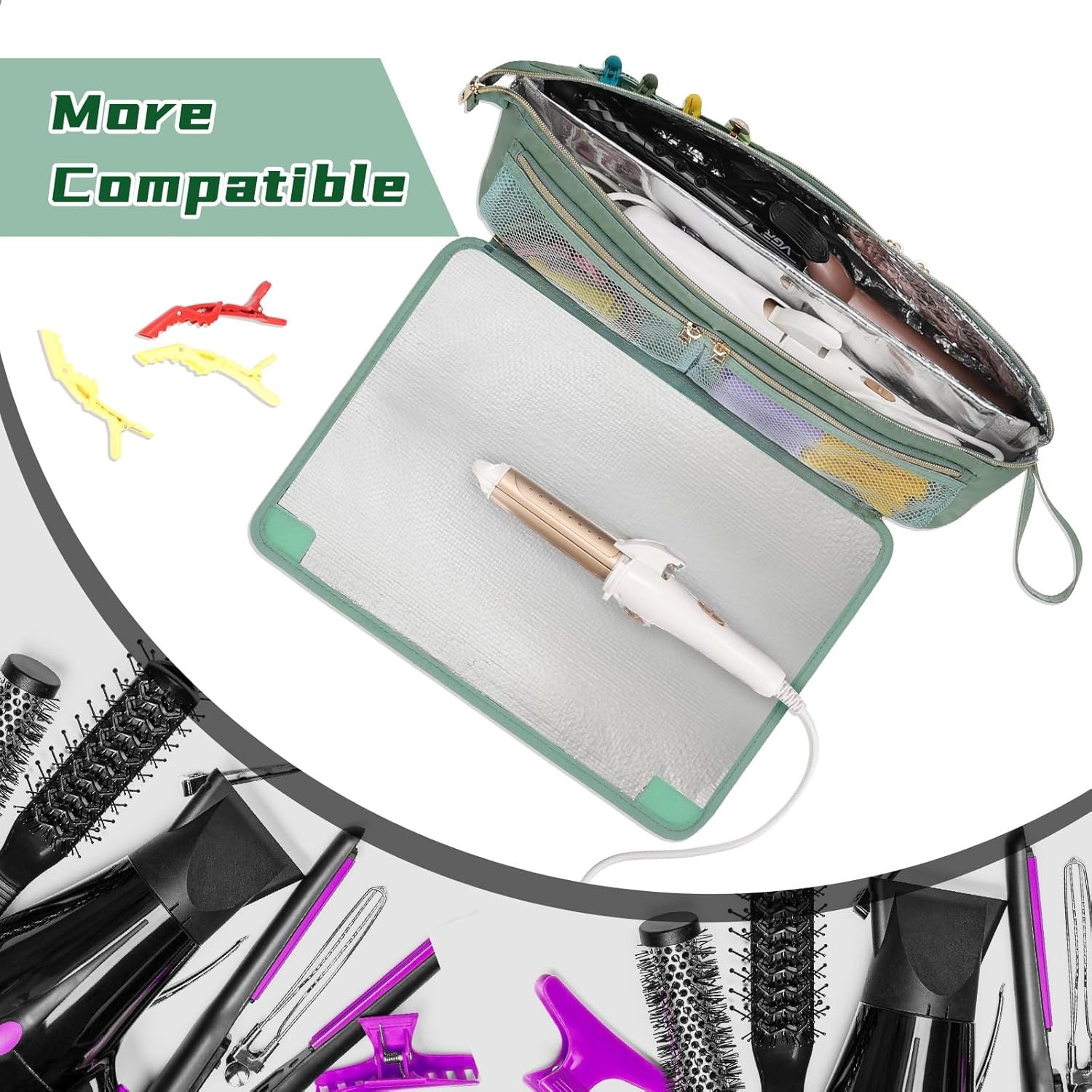 Ethereal 2-in-1 Hair Tools Travel Bag and Tinfoil Heat Resistant Mat for Flat Irons, Straighteners, Curling Iron, and Haircare Accessories, Hot Hair Styling Tool Organizer with Pockets, Green - Image 6