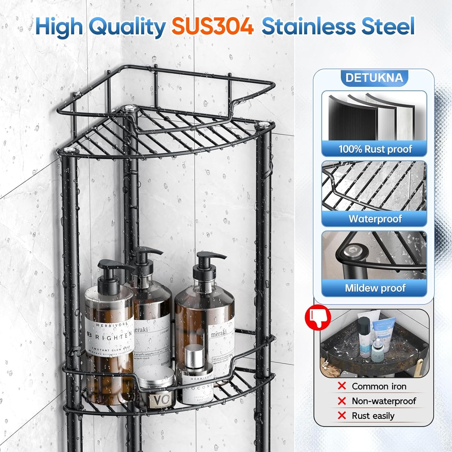 Corner Shower Caddy, 4 Tier Rustproof Shower Organizer Shelf for Bathroom Shampoo Storage, Waterproof Stainless Steel Floor Corner Stand Rack for Bathroom Balcony Kitchen, No Drilling, Black… - Image 5