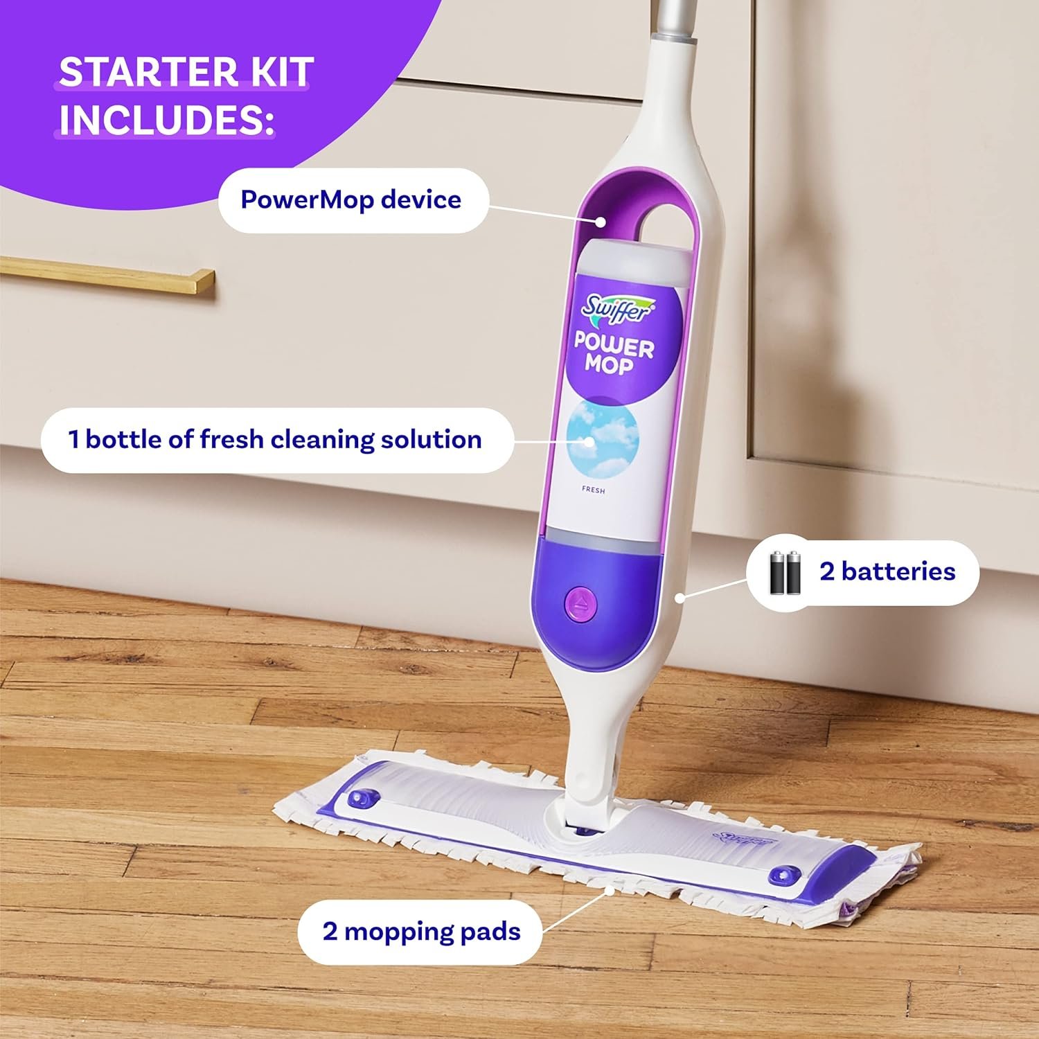 Swiffer PowerMop Multi-Surface Mop Kit for Floor Cleaning, Includes PowerMop, 2 Mopping Pad Refills, 1 Cleaning Solution with Fresh Scent and 2 Batteries - Image 5