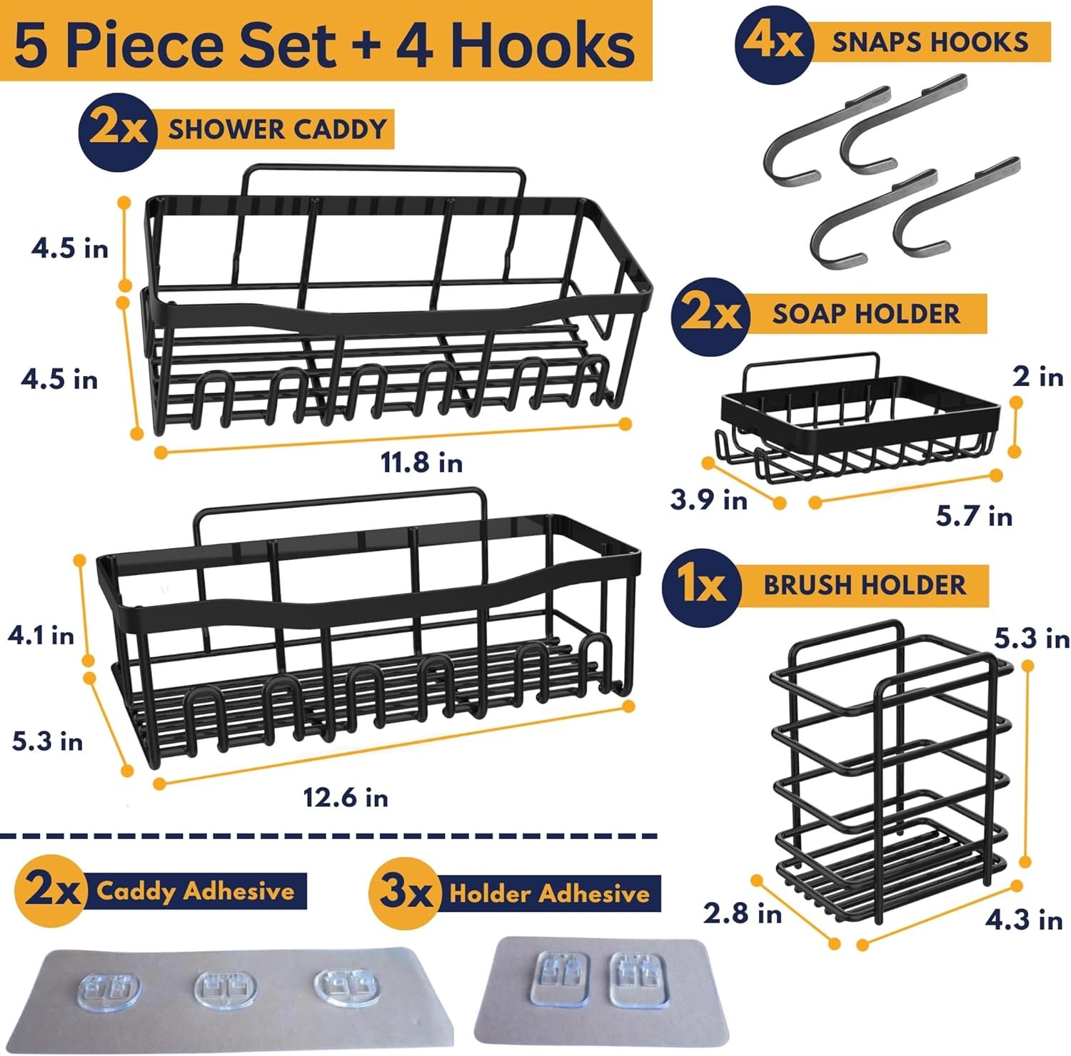 Rustproof Adhesive Shower Caddy Hanging Black 5-Pack No Drill Bathroom Organizer With 20 Hooks,Soap Holder,4 Snap Hooks-Stainless Steel Wall Mounted Storage For Kitchen & Home Decor - Image 9