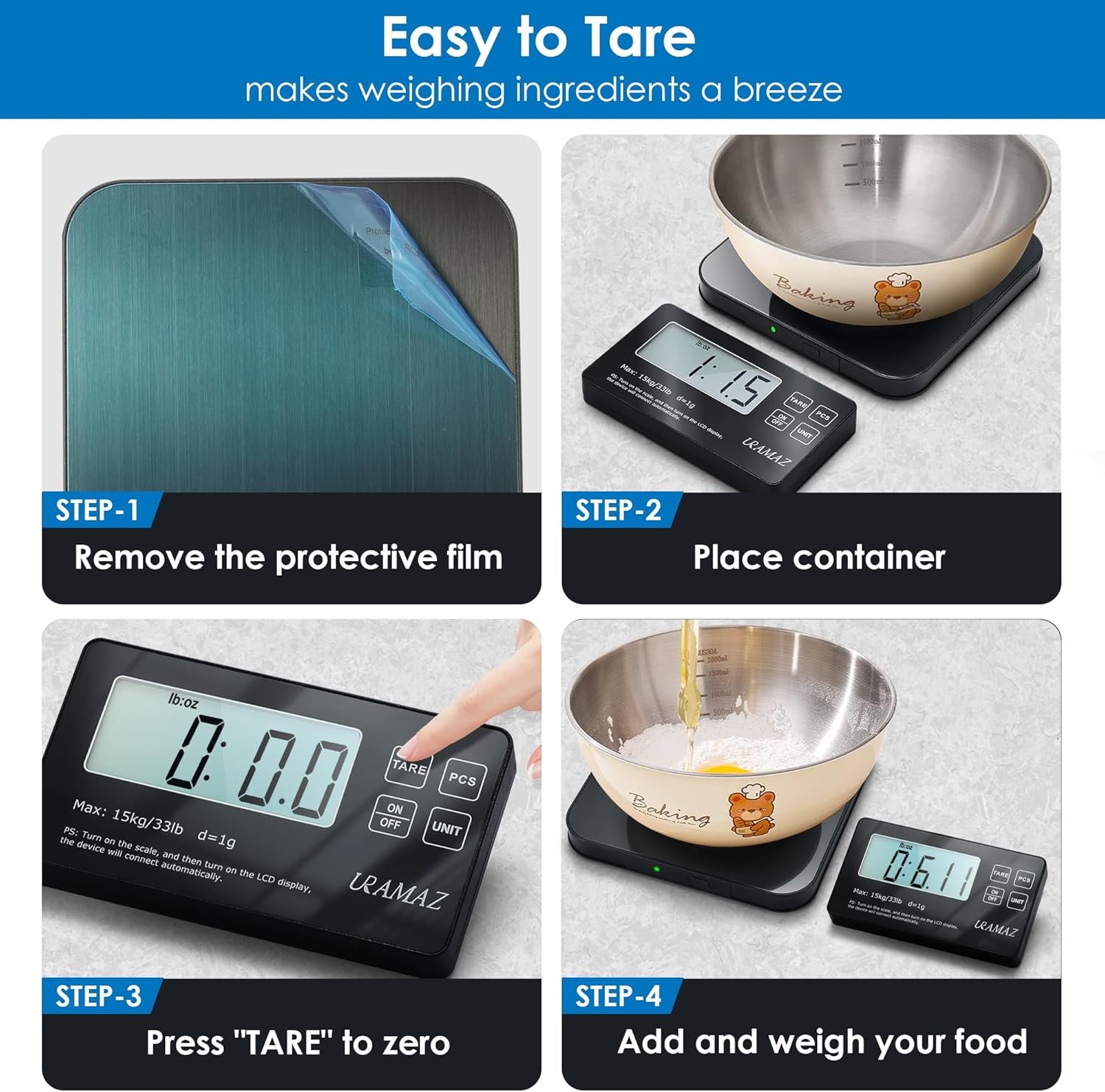 Food Scale with Split LCD Display, 33Lb Stainless Steel Kitchen Scales Digital Weight Grams and Ounces for Cooking, Baking, Sourdough Bread, Food Scales for Kitchen, Weight Loss, Meal Prep, 1g/0.1oz - Image 7
