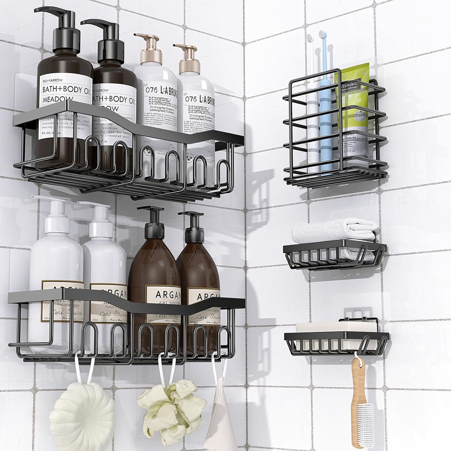 OLANLY Shower Caddy 5 Pack, Adhesive Shower Organizer for Bathroom Storage, Rustproof Stainless Steel Bath Organizers, Shower Shelves for Inside Shower, Large Capacity, Home Decor Accessories, Black - Image 2