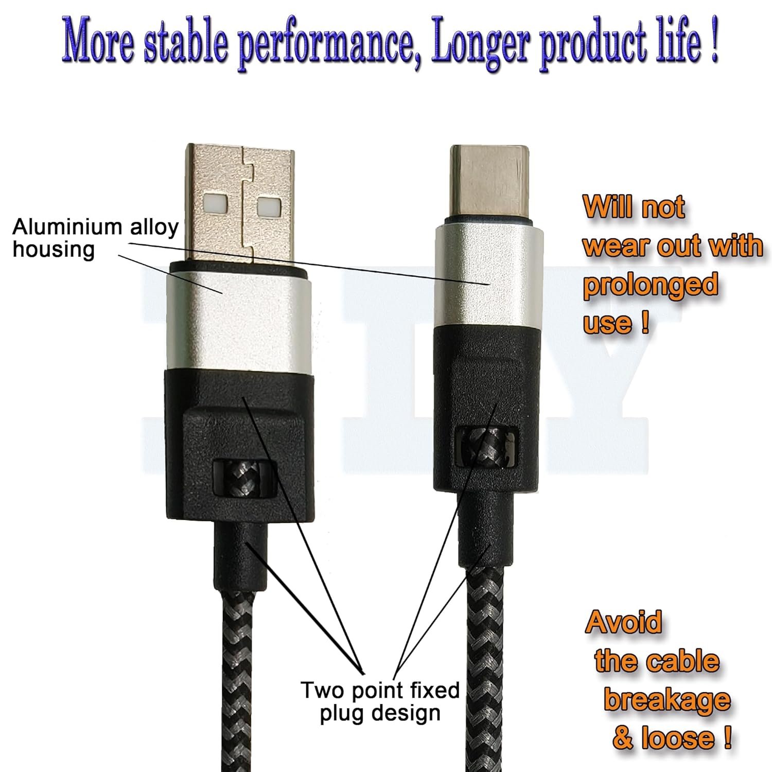 LLY USB A to C + Type C to C Fast Charging & Data Cable. DC5V 2.4A, DC20V 3A Max 60W, 6.6FT / 2M,Double Nylon Braided Cord. for Smartphone, LED Lamp, Power Bank etc (2, 2 Pack-Gray/Black) - Image 4
