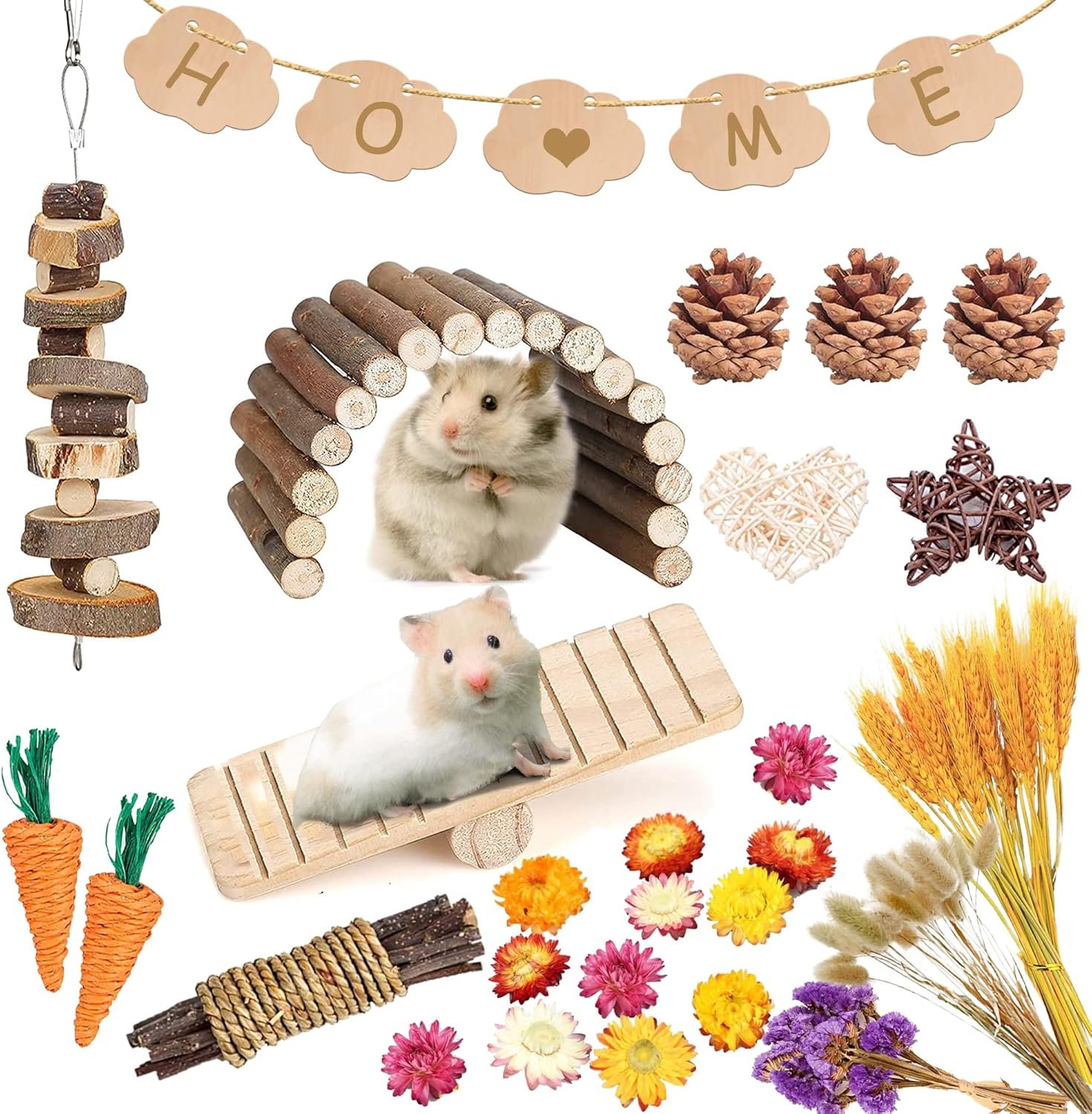 MOMOONNON Hamster Chew Toys Set Natural Wooden Hamster Toys Coconut Hamster House Artificial Plant Dried Flowers Teeth Small Animal Toys Cage Landscaping for Chinchillas Guinea Pigs Pet Mice - Image 2