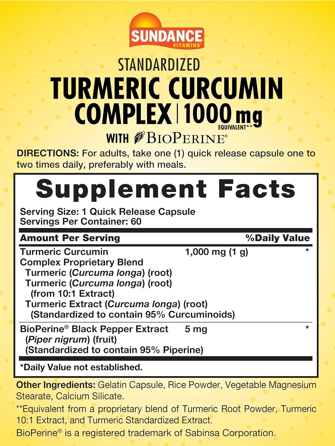 Sundance Turmeric Curcumin Complex 1000mg | 60 Capsules | with BioPerine | Non-GMO and Gluten Free Supplement - Image 3