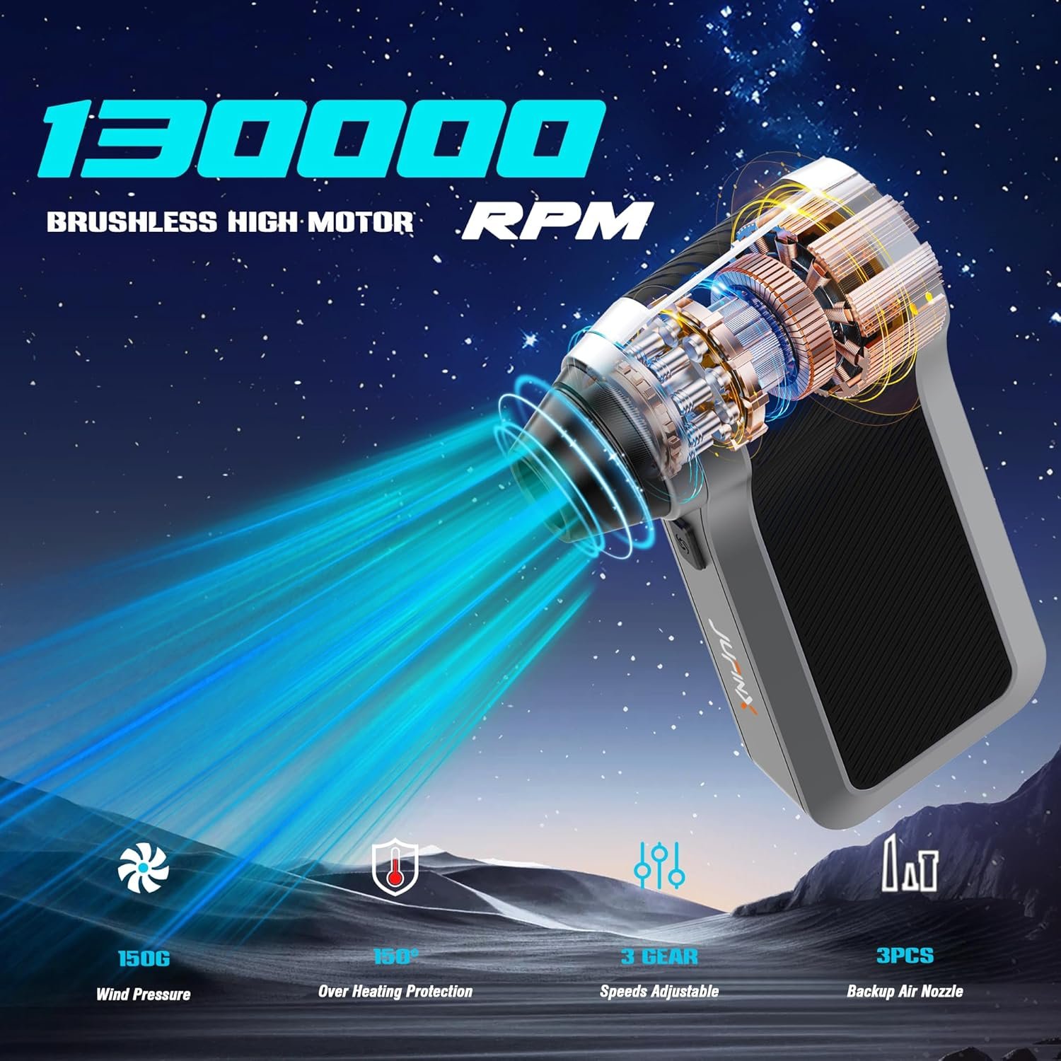 Compressed Air Duster for Man, 130000RPM Electric Air Duster - 4 in 1 Air Duster with Brushless Motor,3Gear Speeds,3pc Backup Air Nozzles,Compressed Air for Keyboard,Car Cleaning,Gifts for Men - Image 3