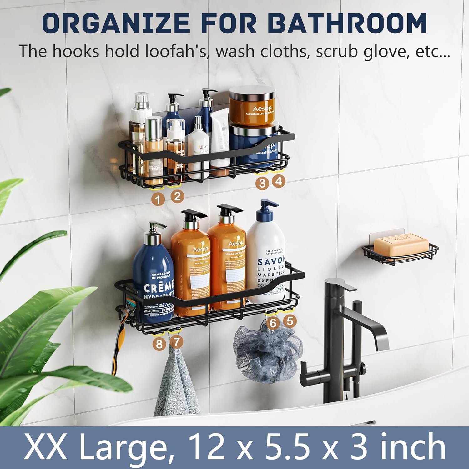 OMAIRA Adhesive Shower Caddy, 3-Pack with Soap Holder,No Drill Bathroom Shower Organizers, Wall Mounted Shower Shelves for Bathroom, Kitchen, Countertop, Black - Image 7