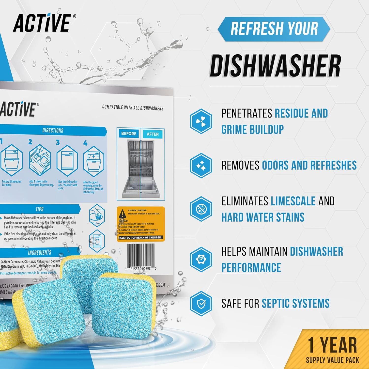 Dishwasher Cleaner And Deodorizer Tablets - 24 Pack Deep Cleaning Descaler Pods for Dish Washer Machine, Heavy Duty, Septic Safe, Natural Limescale Remover, Calcium, Odor, Smell - 12 Month Supply - Image 3