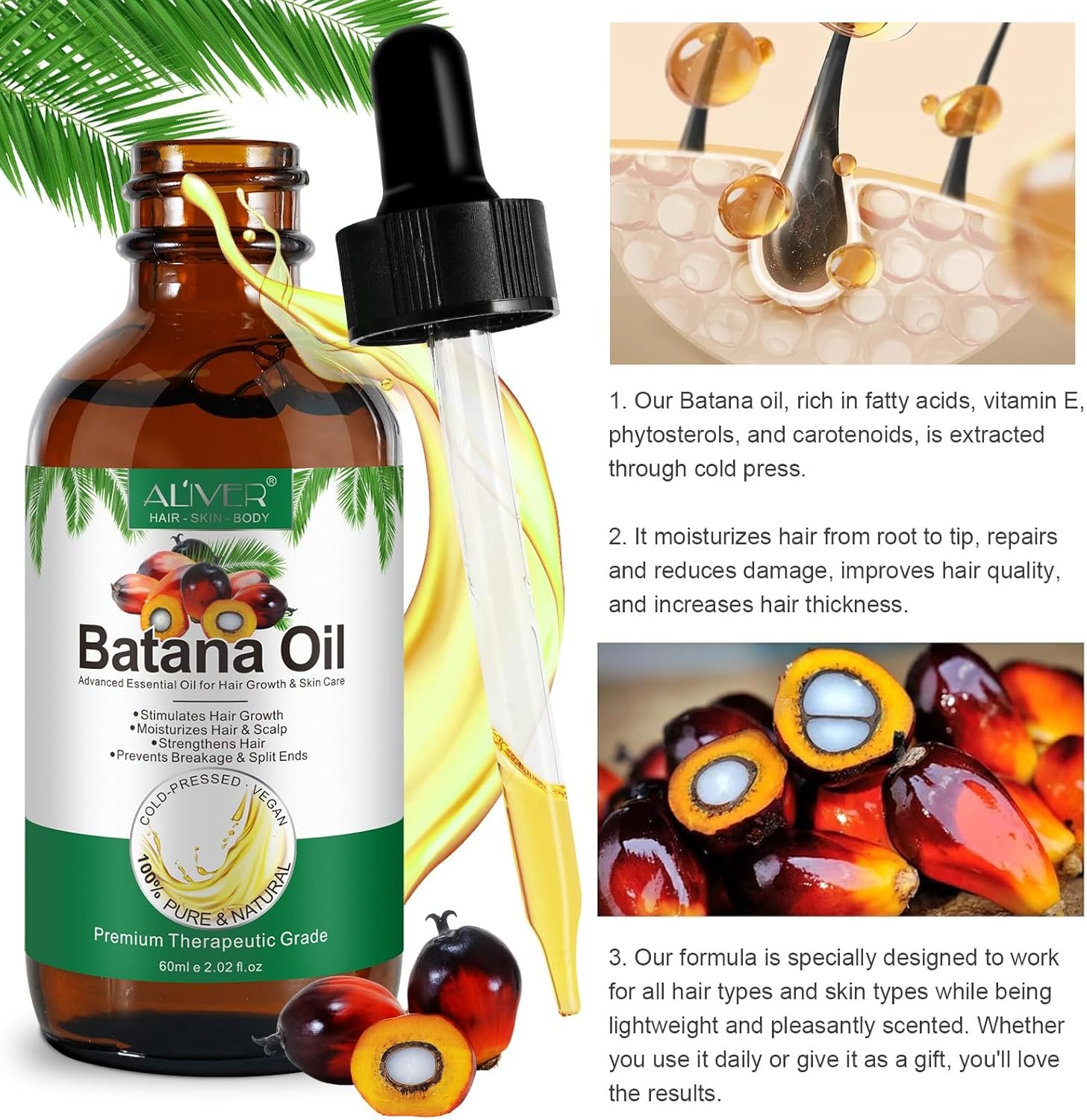 Batana Oil for Hair Growth, Pure Organic Natural and Cold Pressed Hair Oil for Hydrating & Repairing Dry, Damaged Hair Skin Care, Face, Body - Image 5
