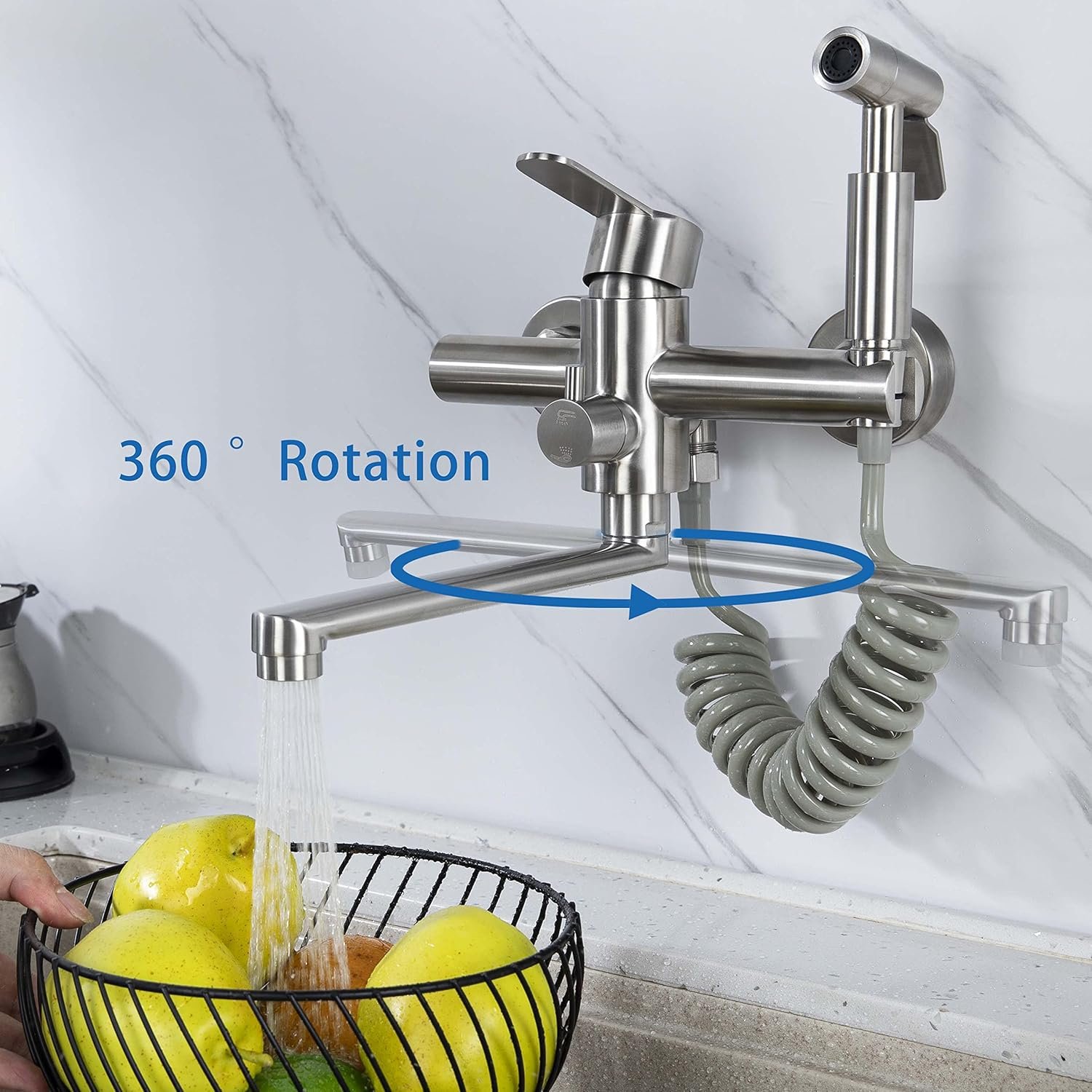 Wall Mounted Faucet Kitchen, 8 inch 360° rotatable Kitchen Faucet, with Heat-Resistant Spray Gun Easy Installation Wall Mount Kitchen Faucet,spout Length 23cm, Brushed Nickel - Image 5
