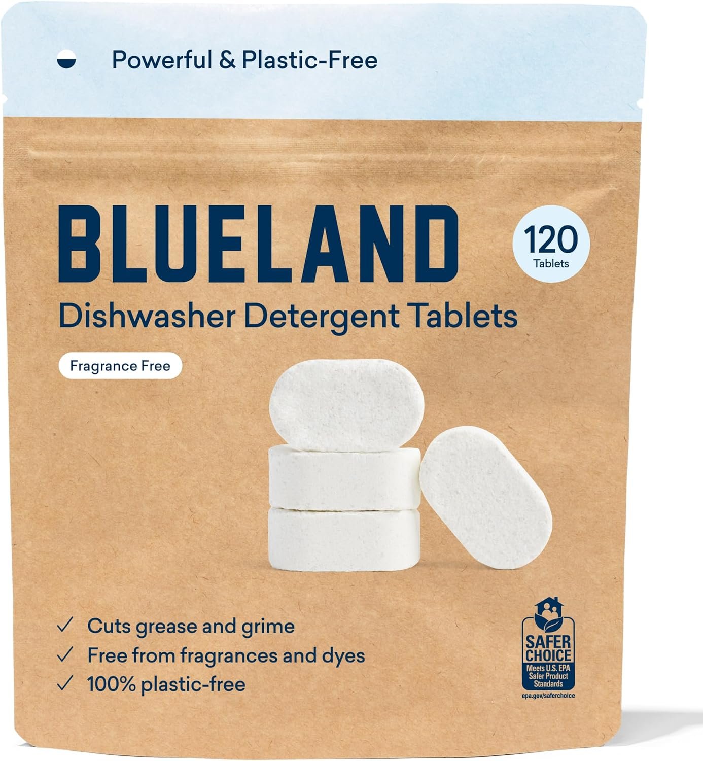 BLUELAND Plastic-Free Dishwasher Detergent Tablets, 120 Count, Unscented - Image 2