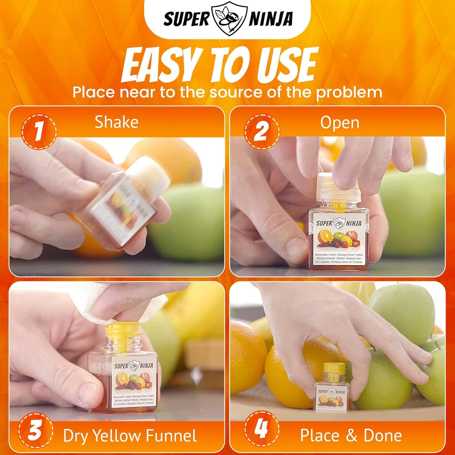 Super Ninja Fruit Fly Traps for Indoors - 4 Traps - Highly Effective Eco-Friendly Fruit Fly Catcher for Indoors - Pet and Child Safe - Up to 3 Weeks per Bottle - Image 5