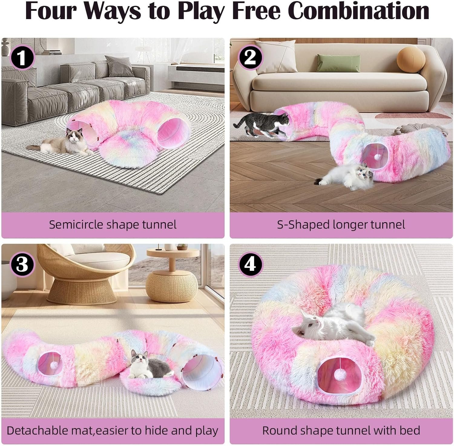 Odoland Cat Tunnels for Indoor Cats with Fluffy Plush Central Cat Couch and 20 Cat Toys, Tunnel Bed for Cats with Hanging Ball, Detachable Soft Mat and Variety Kitty Toy Set, Pink - Image 3