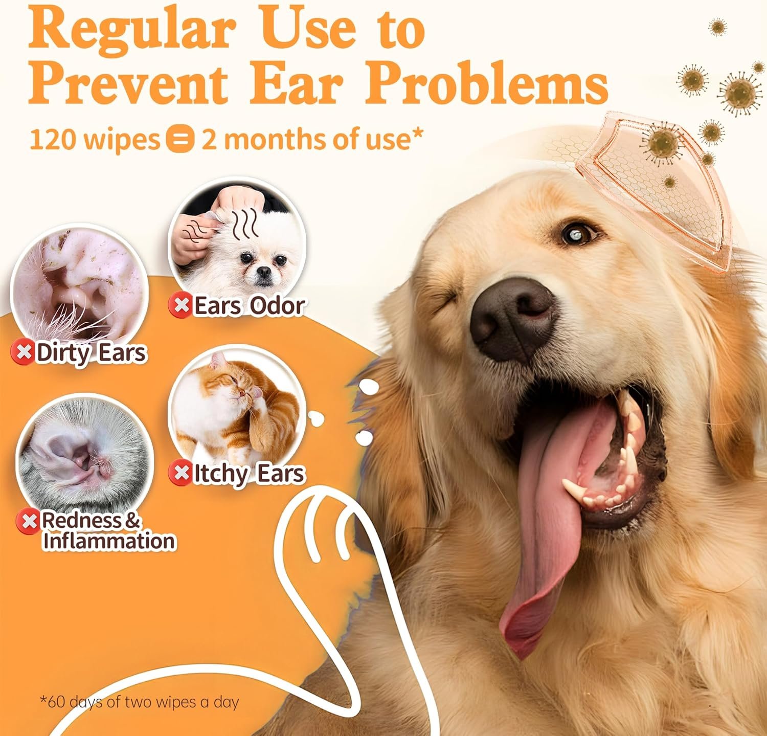 Dog Ear Wipes, Dog Ear Cleaner Wipes Ear Cleaning Wipes for Dogs,Cats - Gently Remove Ear Wax - Relieve Ear Infections, Itching,Scratching,120ct (3.15in) Pet Ear Cleanser - Image 6