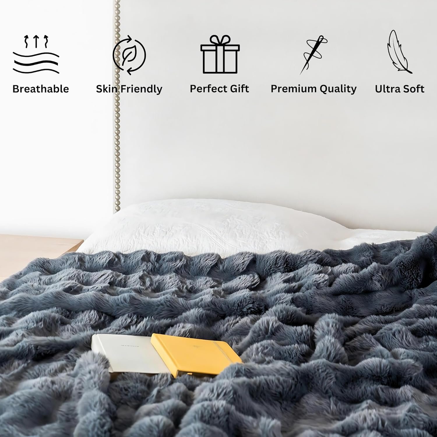 Faux Fur Throw Blanket for Couch and Bed | Chunky Knit Durable & Wrinkle Resistant | Soft and Cozy - Kid & Pet Safe Big Fluffy Ultra Soft Double-Sided All-Season Comfort 50''x 60'' - Dark Grey - Image 4